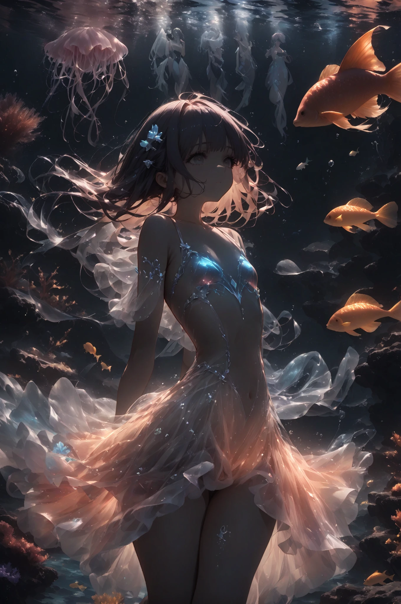 dynamic pose showing off graceful movements like ballet underwater, mermaid skin shines white like pearls、It has a slightly bluish tone、水中光が反射してmysterious輝きを放っている質感表現, long, flowing hair flutters gracefully underwater like seaweed,ocean ,be careful,magic,mysterious,(ocean 藻に抱かれた古代都市遺跡),Aquatic Plants Beautiful Coral Reefs ,Girl diving with colorful fish swimming ,clear vision,fantastic atmosphere, Marble Mermaid Statues 、Whispering Seashells 、Luminescent Jellyfish、 Ancient Symbols and Words 、惊人的美丽和古老的magic,unravel the mysteries of the underwater world、mermaid dancer、flat chest、fold their hands behind their backs