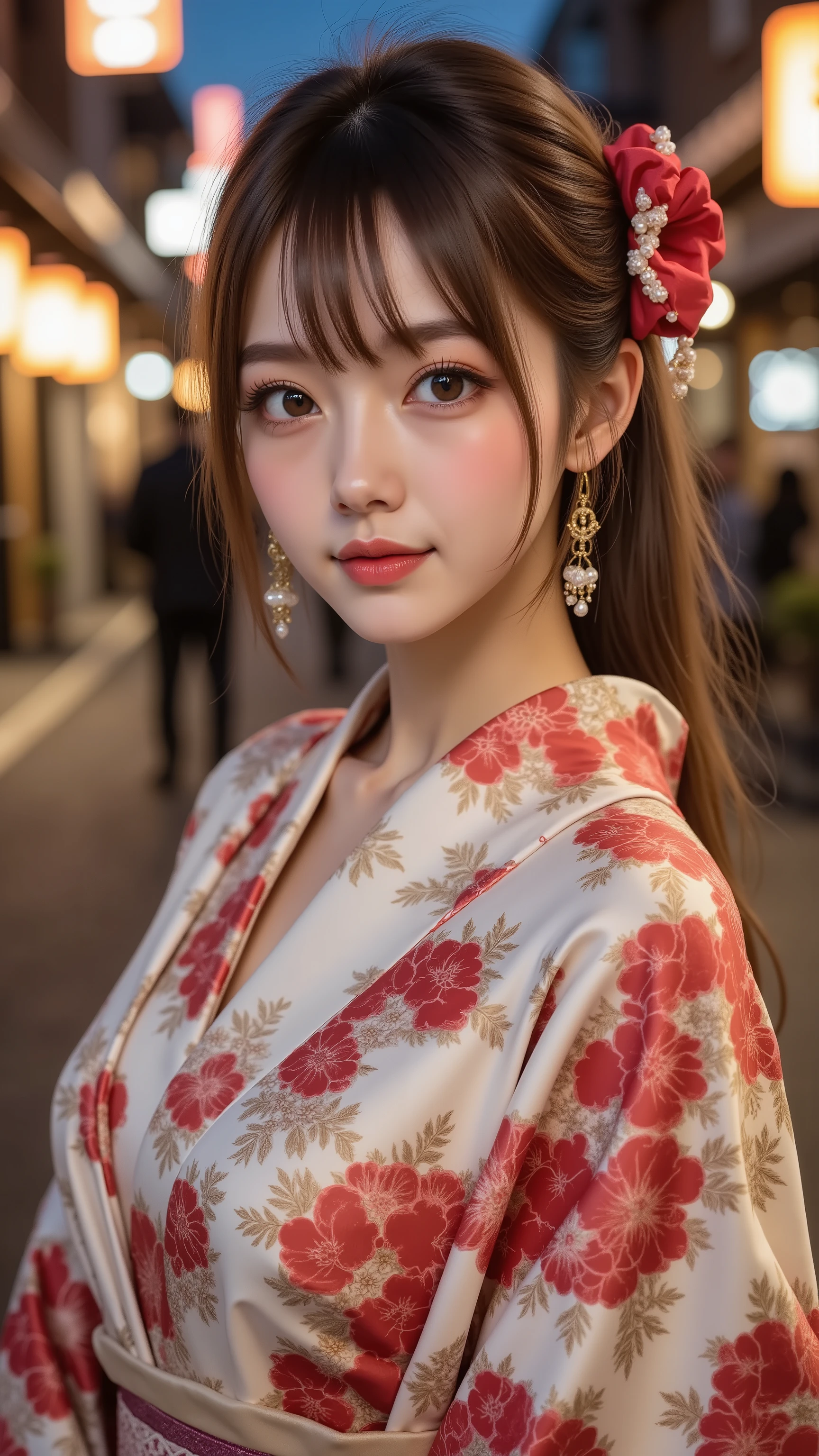 sexy girl In kimono outfit walking down the street at night, In kimono, In kimono, ((Guido Daniele's super luxury kimono)), wearing kimono, Cute Girl Visuals, Yukata attire, Wearing a haori coat, flowing hair and long robe, classy Yukata attire, Japanese costume, Japanese Kimono, Hanayamata, Wearing Long Flowing Clothes, (waist tightened with a belt:1.2, Highlighted Big Breasts:1.2), ((beautiful skin)), (sexy side ponytail, red scrunchies), (sexy look:1.3, Red cheeks:1.3), Highest Quality, Highest Image Quality, super real:1.3, masterpiece:1.3, Ultra High Definition, (detailed hands:1.3, perfect hands:1.3), (Beautifully Shaped Crotch:1.5)