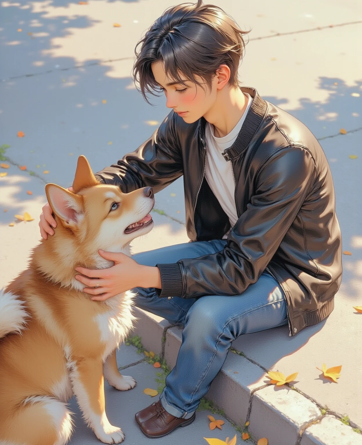 A very handsome teenager passed by me and inadvertently saw me, bust photo, smiling and looking at me. High nose, yellow race, relatively white skin, black hair, medium hair. The background is a wall with various graffiti on it. He wears simple short sleeves and holds a cute dog. Highest quality. Blind eyes