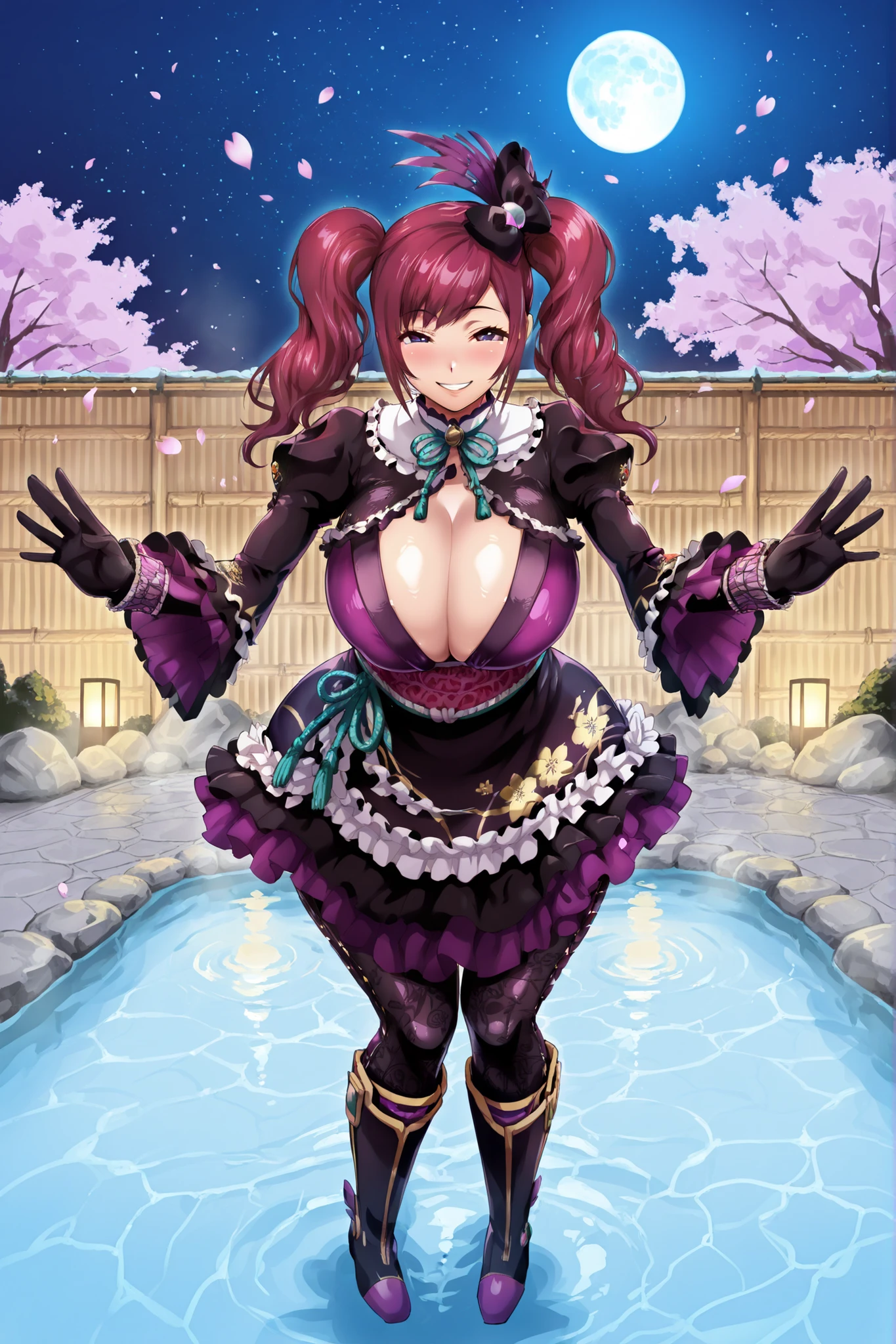 Score_9, score_8_up, score_7_up, BREAK, ((24k, insane details, insane resolution, insane detailed background, beautiful detailed eyes, beautiful detailed face, beautiful detailed hands, beautiful Detailed feet, Ultra Masterpiece, ultra quality, BREAK , Gracia, 1girl, solo, twintails, pantyhose, red hair, black gloves, dress, frills, blue eyes, boots, hair ornament, long hair, ribbon, ((Huge breasts:2.0, huge butt:2.0, huge buttcheeks:2.0, huge thighs:2.0, huge hips:2.0, voluptuous venus body:2.0, deep cleavage:2.0,)), ((looking at viewer, sexy seductive grin, in love, blush, full body view, front view of body, standing up,)) BREAK ((at night, in Japanese Hot Springs, beautiful dark blue night sky, Large Purple Black Japanese Bed under sunroof, Blue Cherry Blossom Trees around hot spring, blue cherry blossoms falling down, blue cherry blossoms floating in water, standing in hot spring water, partially submerged in water. water up to knees, grey stone floor, grey stone fences around hot spring area, blue stars in night sky, Blue full moon in night sky,)),