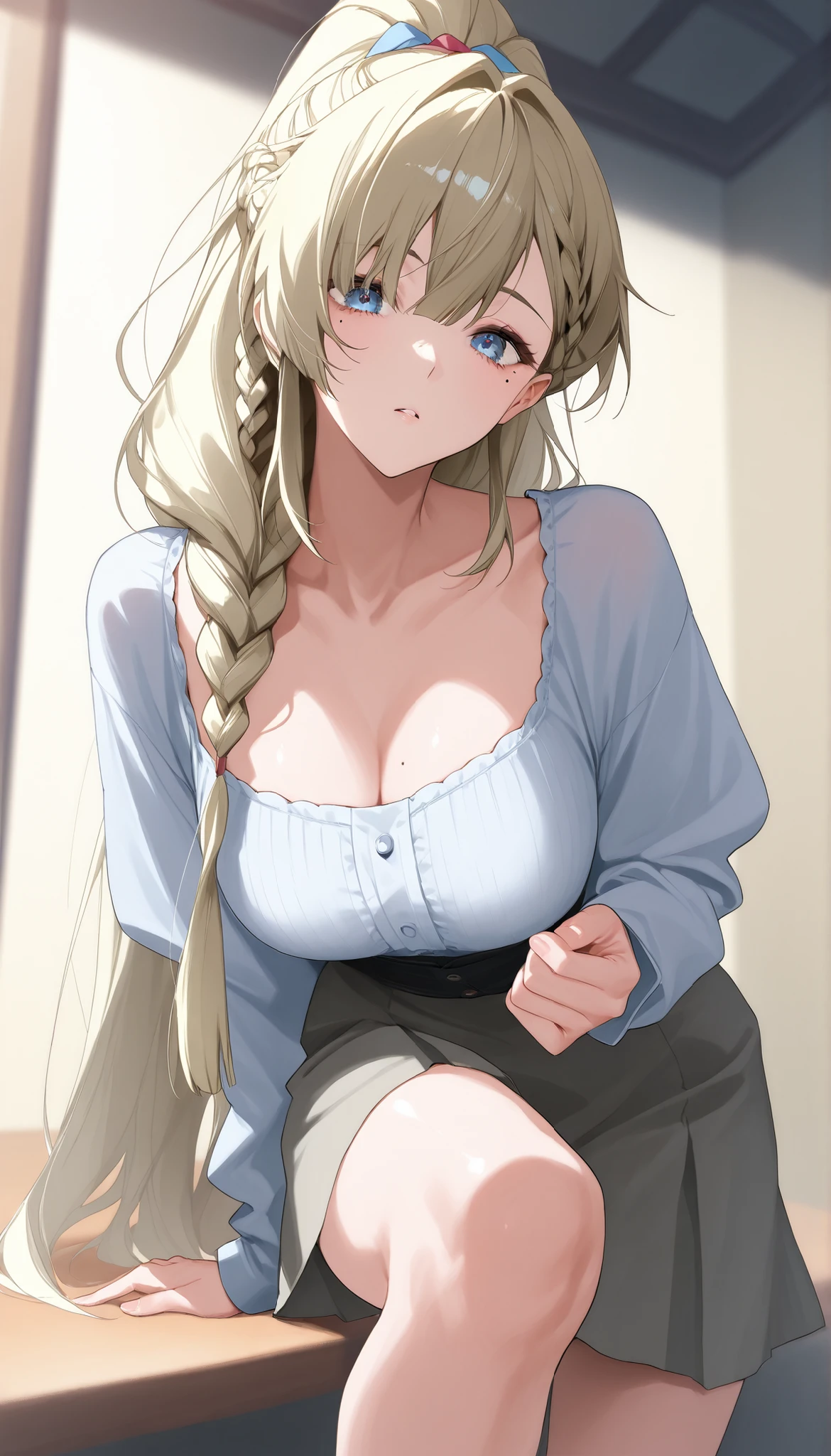 score_9, score_8_up, score_7_up、Anime、masterpiece、mhGemma、The blond haired、long hair、touch tall ponytail、braids、Blue eyes、mole under eye