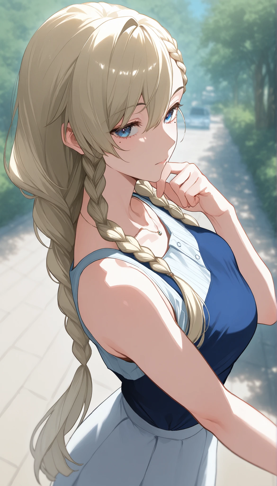 score_9, score_8_up, score_7_up、Anime、masterpiece、mhGemma、The blond haired、long hair、touch tall ponytail、braids、Blue eyes、mole under eye
