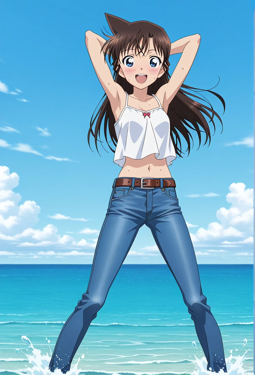 score_9, score_8_up, score_7_up, source_anime, highres, hi res, ((best quality, top quality, perfect quality, Highest Quality, amazing quality)), {{masterpiece}}, {{an extremely delicate and beautiful}}, 2d, intricate details, official style, anime, 8k, anime style, official_anime, official art, digital painting, cell shading, soft shading, high resolution, soothing tones, Subdued Color, Soft cinematic light, adobe lightroom, photolab, HDR, intricately and hyper-detailed, ((high quality animation)), 1 girl, Alone, solo, ((ocean)), tsunami, on the water, day, sunny, outdoors, sky, windy, Mouri Ran, brown hair, blue eyes, long hair, anime screencap, small breasts, white camisole top, crop top, white crop top, best quality, hyper-detailed jeans, ((blue jeans:1.9)), (dark blue jeans:0.6), full medium body, medium shot, Open mouth, smiling, happy face, blush, sweat, standing, ((arms behind head:6.0)), bowlegged, sliding pose, action, looking at viewer, spread legs, Bend knees slightly, straight-on front view, belt, brown belt