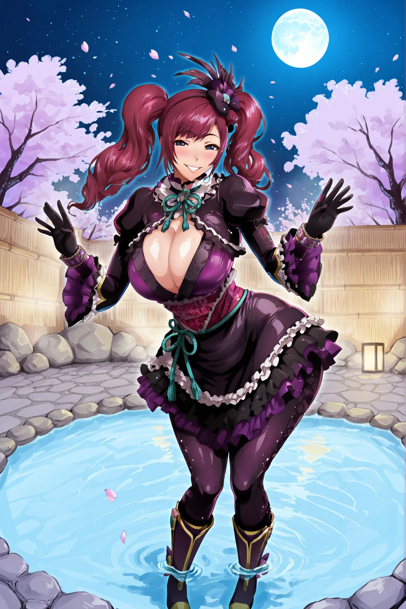 Score_9, score_8_up, score_7_up, BREAK, ((24k, insane details, insane resolution, insane detailed background, beautiful detailed eyes, beautiful detailed face, beautiful detailed hands, beautiful Detailed feet, Ultra Masterpiece, ultra quality, BREAK , Gracia, 1girl, solo, twintails, pantyhose, red hair, black gloves, dress, frills, blue eyes, boots, hair ornament, long hair, ribbon, ((:2.0, huge :2.0, huge :2.0, huge thighs:2.0, huge :2.0, voluptuous venus body:2.0, deep cleavage:2.0,)), ((looking at viewer, grin, in love, blush, full body view, side view of body, standing up,)) BREAK ((at night, in Japanese Hot Springs, beautiful dark blue night sky, Large Purple Black Japanese Bed under sunroof, Blue Cherry Blossom Trees around hot spring, blue cherry blossoms falling down, blue cherry blossoms floating in water, standing in hot spring water, partially submerged in water. water up to knees, grey stone floor, grey stone fences around hot spring area, blue stars in night sky, Blue full moon in night sky,)),
