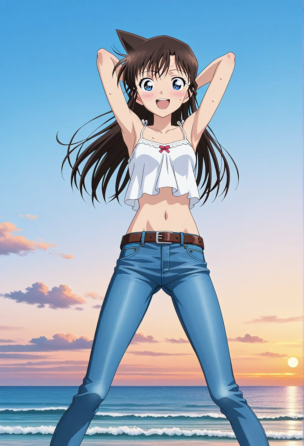 score_9, score_8_up, score_7_up, source_anime, highres, hi res, ((best quality, top quality, perfect quality, Highest Quality, amazing quality)), {{masterpiece}}, {{an extremely delicate and beautiful}}, 2d, intricate details, official style, anime, 8k, anime style, official_anime, official art, digital painting, cell shading, soft shading, high resolution, soothing tones, Subdued Color, Soft cinematic light, adobe lightroom, photolab, HDR, intricately and hyper-detailed, ((high quality animation)), 1 girl, Alone, solo, ((ocean)), tsunami, on the water, day, sunny, outdoors, sky, windy, Mouri Ran, brown hair, blue eyes, long hair, anime screencap, small breasts, white camisole top, crop top, white crop top, best quality, hyper-detailed jeans, ((blue jeans:1.9)), (dark blue jeans:0.6), full medium body, medium shot, Open mouth, smiling, happy face, blush, sweat, standing, ((arms behind head:6.0)), bowlegged, jumping pose, action, looking at viewer, spread legs, Bend knees slightly, straight-on front view, belt, brown belt