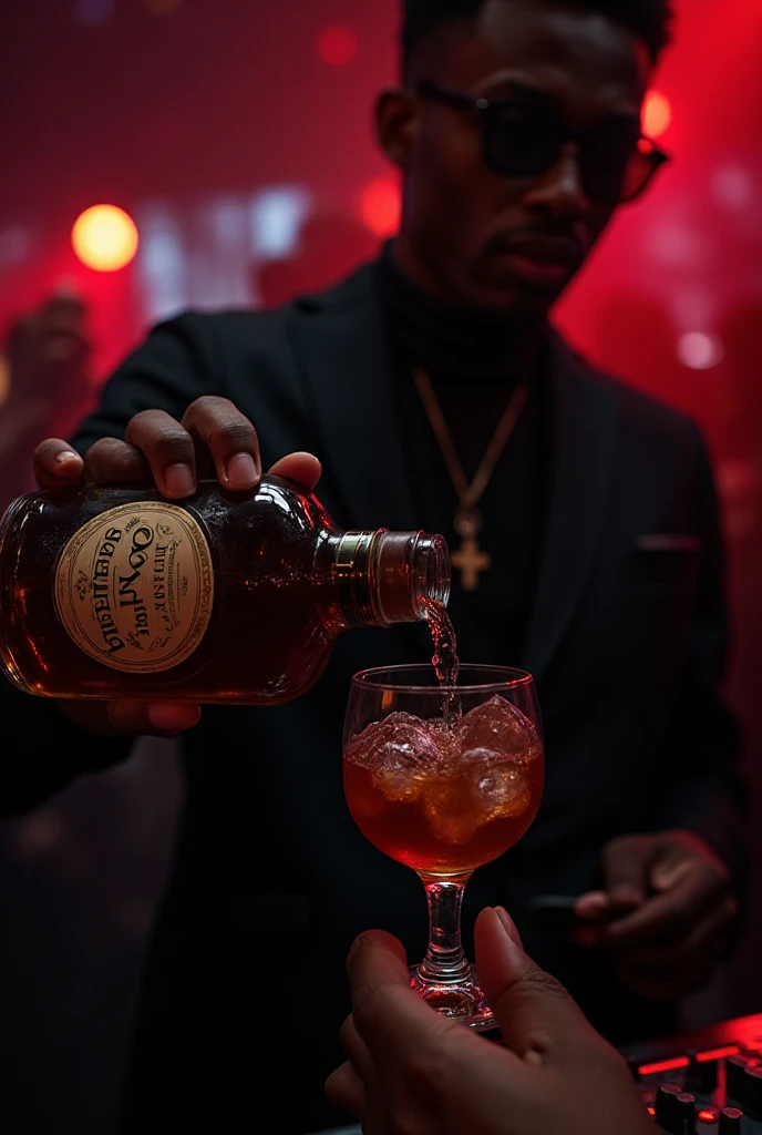 Luxury cabaret, with lots of details, full of gold and in the middle several macumba works, umbanda, clay bowl, clay bowls with flour,  chili pepper, red roses , dados, gold-coins, white and red candles lit and melted, bottles of whiskey and bottles of beer, red smoke at the bottom of the image, a white Panama hat with a red band, without any person, cabaret, African matrix, umbanda, money,  with a watercolor painting on the wall with the image of Zé Pelintra 