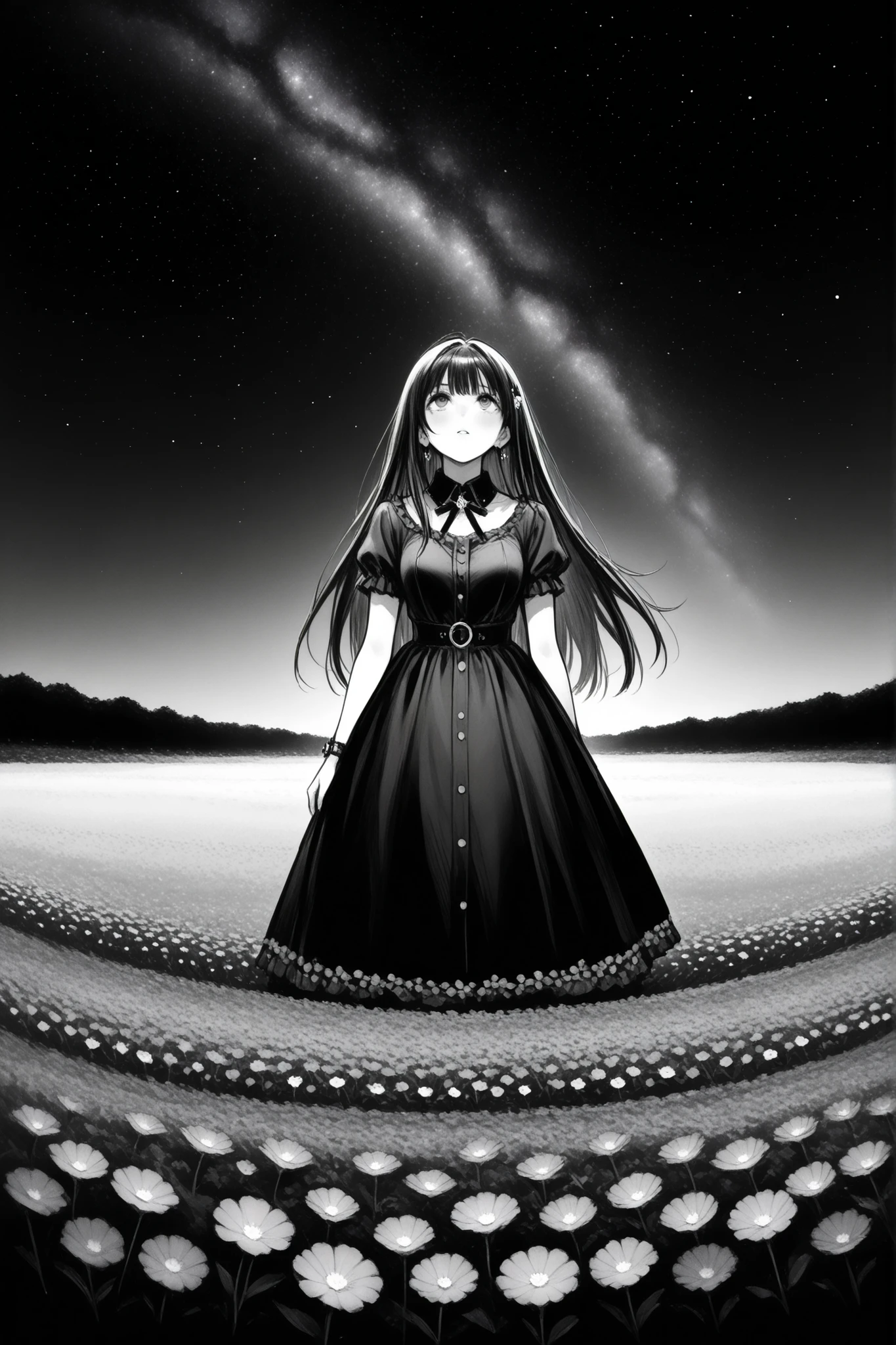 Create a goth girl alone in a flower field looking up at the starry night sky