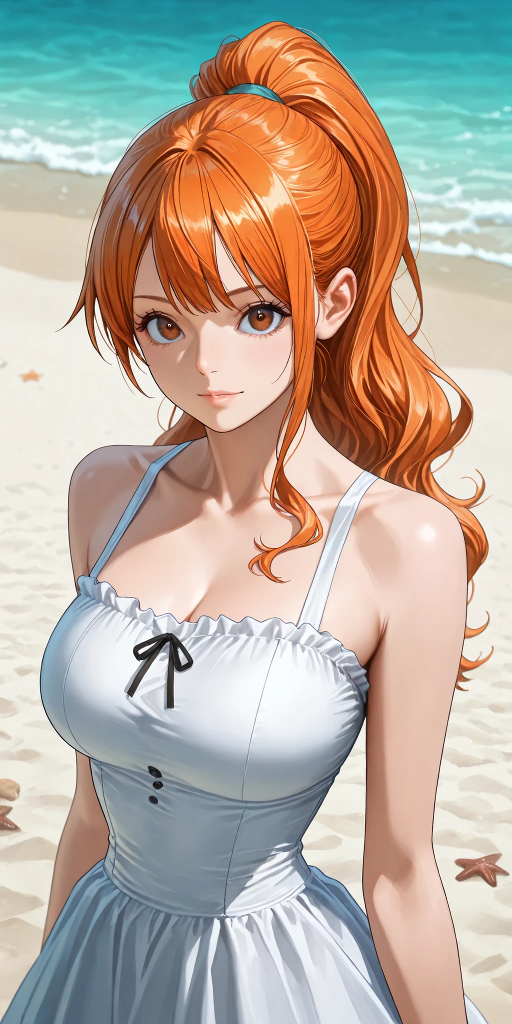 masterpiece, 上品な大peopleの女性がリムジンに乗っている,masterpiece, Highest Quality , lively, very beautiful, high contrast , semi-realistic , Newest,1girl、we\(dress\)、high ponytail、orange hair、brown eyes、perfect eyes、perfect body、 upper body, watching the viewer sea, beach、 ダイweックな照明, super detailed, high resolution, Unusual clothing, Dress Style, amazing visual CG art, people々々Vulnerability, In the water、swimming