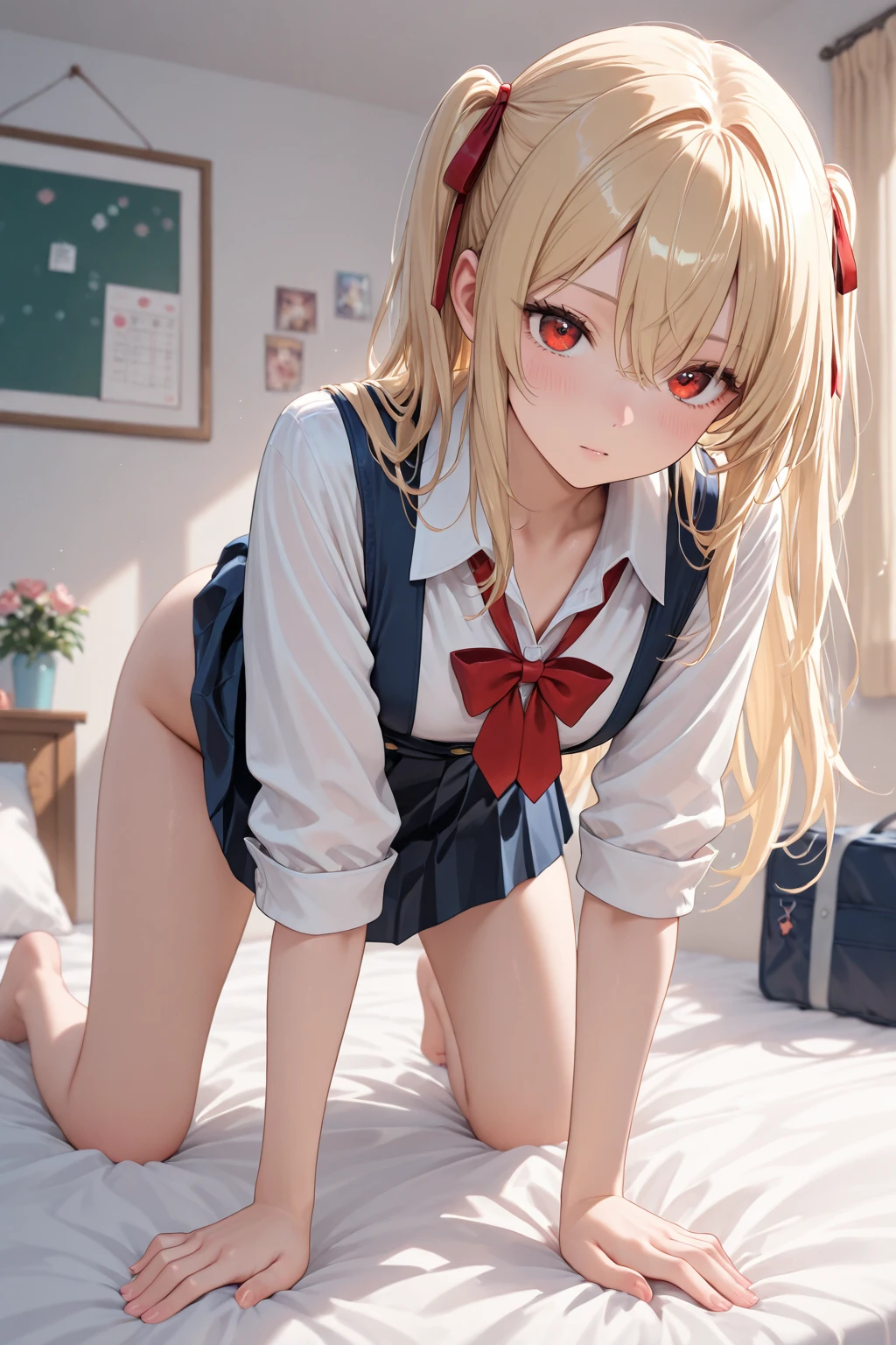 best qualityer，tmasterpiece，Ultimate resolution，downy，Extremely colorful，（JK school uniform），neck bowtie，Plaid skirteauty severed head，Normal posture，Redlip，（Kneeling pose）（Point at you with your ass），shackle，behead，Collar，handcuff，Anklets，（white stockings），Mary Jane shoes，