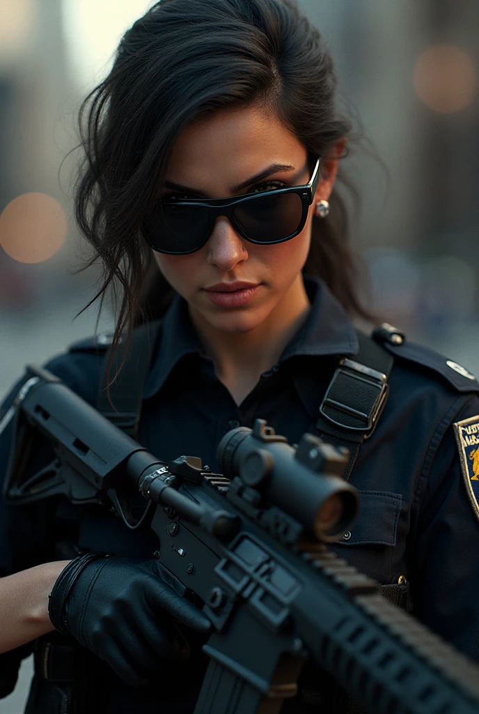 ultra realistic, photography, long black straight hair in a ponytail, elegant hair, (30 years old, hazel eyes, hourglass figure, perfect fit body, natural ), firtatious look, femme fatale, long eyelashes, cat-eye make-up, she is from the NYPD and has her gun drawn with both hands, feet spread standing stance, at a crime scene, theres is yellow tape around it, it says "POLICE LINE DO NOT CROSS" on the yellow tape, someone is running away, full body picture, wide angle, extreme wide angle