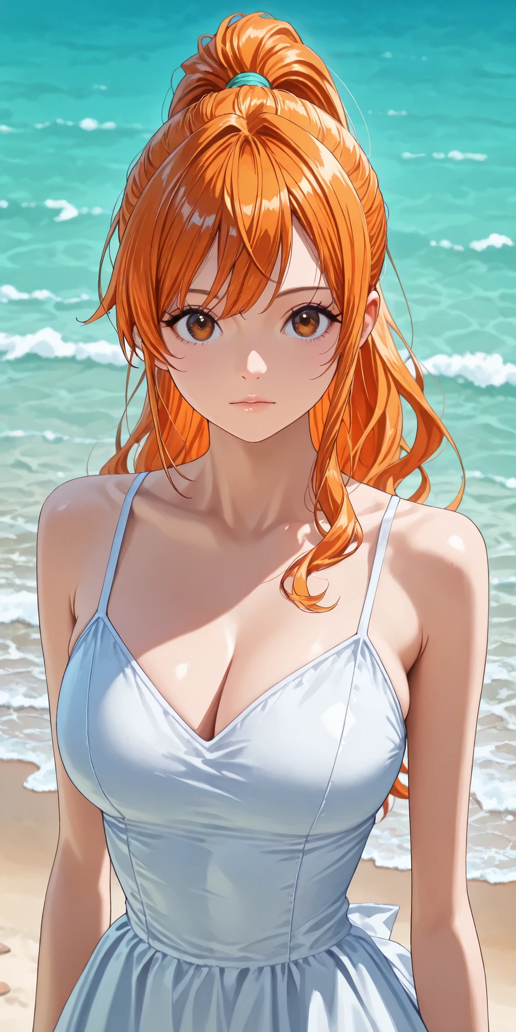 masterpiece, 上品な大peopleの女性がリムジンに乗っている,masterpiece, Highest Quality , lively, very beautiful, high contrast , semi-realistic , Newest,1girl、we\(dress\)、high ponytail、orange hair、brown eyes、perfect eyes、perfect body、 upper body, watching the viewer sea, beach、 ダイweックな照明, super detailed, high resolution, Unusual clothing, Dress Style, amazing visual CG art, people々々Vulnerability, In the water、swimming