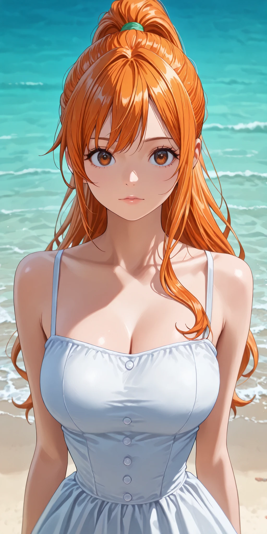 masterpiece, 上品な大peopleの女性がリムジンに乗っている,masterpiece, Highest Quality , lively, very beautiful, high contrast , semi-realistic , Newest,1girl、we\(dress\)、high ponytail、orange hair、brown eyes、perfect eyes、perfect body、 upper body, watching the viewer sea, beach、 ダイweックな照明, super detailed, high resolution, Unusual clothing, Dress Style, amazing visual CG art, people々々Vulnerability, In the water、swimming