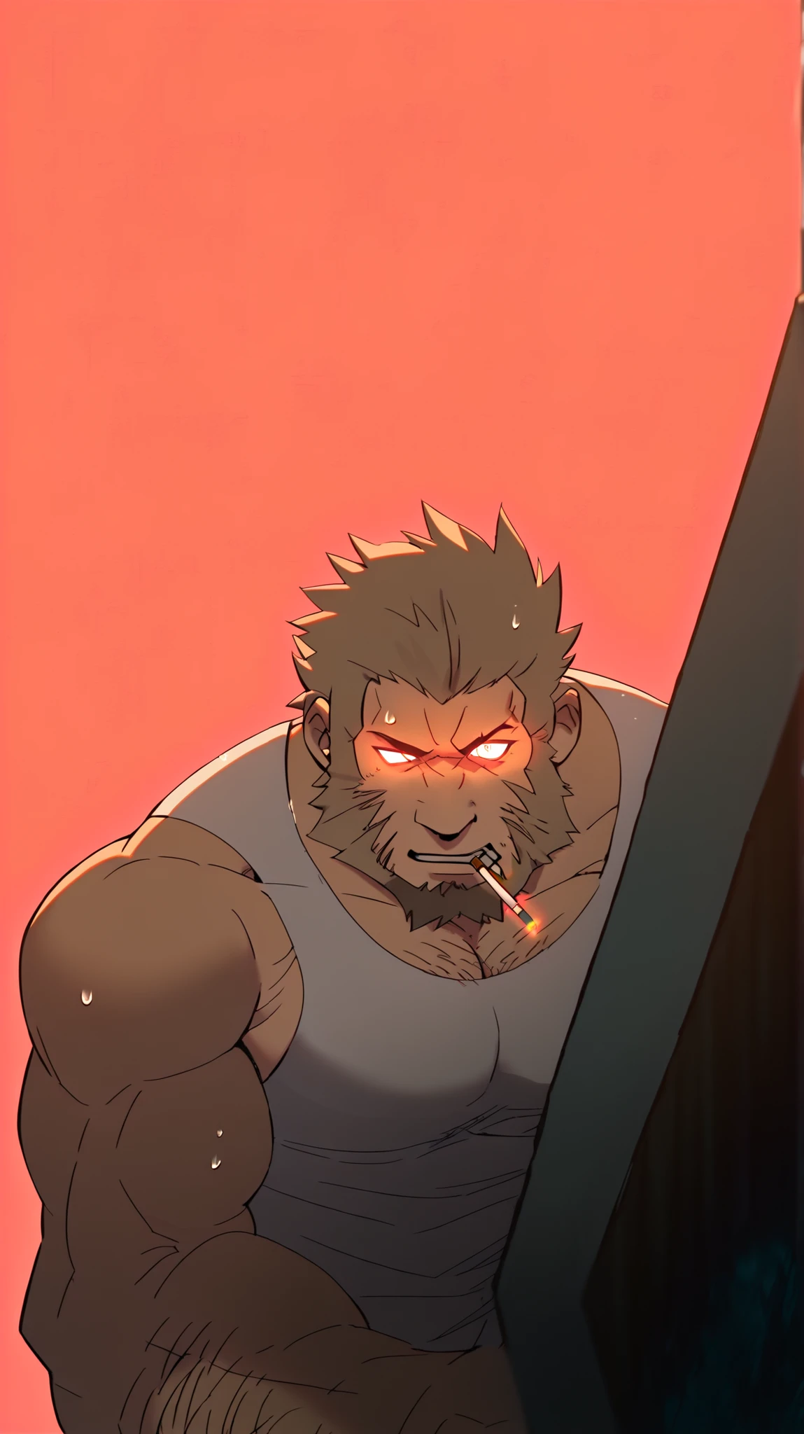 Heinkel, construction worker, construction site background, tanktop, carrying lumber, safety helmet, muscular, muscles, broad shoulders, massive pecs, sweaty, hairy chest, hairy pits, glowing spiral in the eyes, blank expression, vacant stare, hypnotized, brainwashed, focused, High Resolution, cigarette