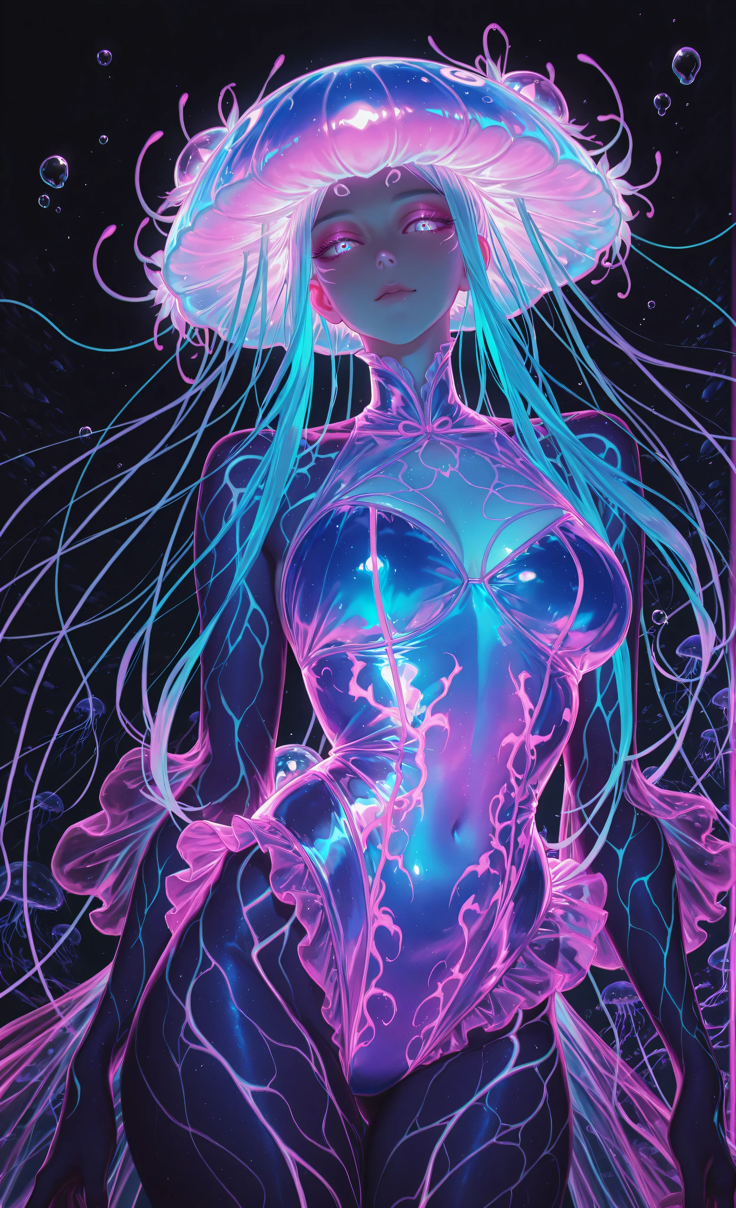 (neon aesthetic, neon colors, glowing, glow effect, vibrant colors, high contrast, fluorescent, luminescence, light effects, chromatic lighting, colorful lighting, bright outlines, neon lineart, dark background, digital art, dramatic shadows, bloom lighting, colored shadows,masterpiece:1.3, 8k:1.3, Highest quality:1.3, detail:1.3, high resolution:1.3, digital painting, super detail, 1male, A manly face, rough facial features, hip-high frame) **FULLY SUBMERGED UNDERWATER SCENE: FEMALE jellyfish-mer hybrid (1female)**, beautiful feminine face with delicate features, graceful neck, slender physique. Her entire body glows with bioluminescent patterns in deep blues, vibrant violets, and luminous teals. **LARGE JELLYFISH BELL with NUMEROUS LONG TENTACLES: head crowned with translucent jellyfish bell emitting light, multiple flowing tentacles extending down her back and sides.** Her lower body transforms into **MULTIPLE ELEGANT TAIL-TENTACLES composed of translucent fins and tendrils**, creating a majestic jellyfish train. **COMPLETELY SUBMERGED: character fully underwater, no water surface visible, deep ocean depth.** Visible light rays from above, dense air bubbles, floating particles. Her torso has feminine curves with glowing veins. Almond-shaped eyes emit intense violet light. Graceful feminine dance pose. Schools of fish. Style of Ghibli underwater scenes, **female character, ethereal beauty**.