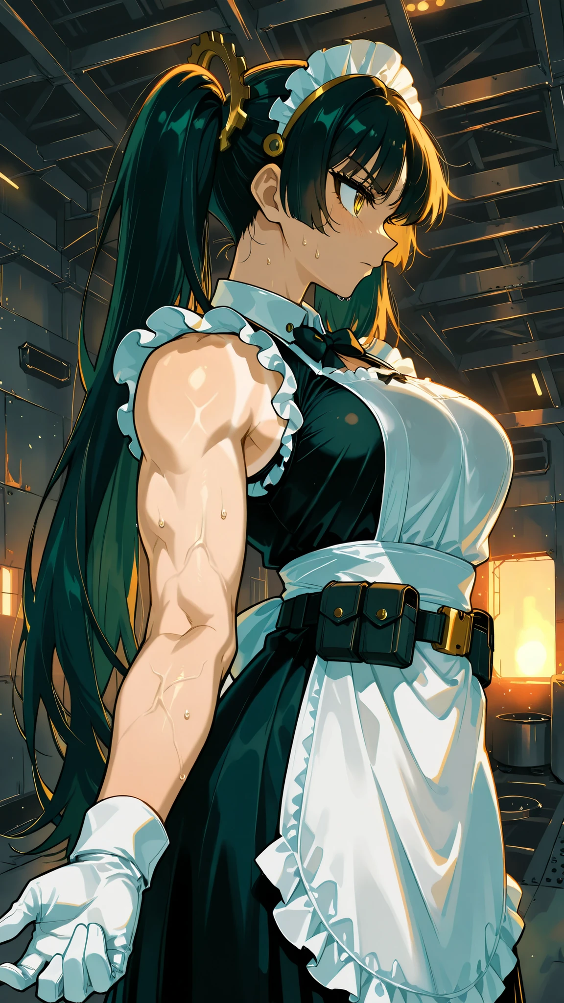 (1girl, solo, full upper body and hips visible with skirt reaching floor, profile view, anime style), 
(mechanical maid, serious face, focused expression, battle-ready stance), 
(long black hair in twin tails, messy and flowing as if in motion, sweat visible on hair and forehead), 
(golden eyes, freckles on face only), 
(skin tone slightly tanned with visible tanline marks on shoulders and arms, slender body, large chest, strong muscular arms:1.7, veins visible on arms, athletic build:1.3, toned neck), 
(visible mechanical joints on arms and neck in gold metal), 
(sleeveless combat maid outfit, black maid uniform with white frills and embroidery, white reinforced maid apron with front pocket, maid headpiece, gloves, subtle gold details on uniform and accessories, body definition visible through outfit, delantal and outfit flowing with motion, long skirt reaching floor with side openings for mobility, fitted to show torso and arms defined, utility belt or mechanical panel details), 
(character in combat pose, torso slightly rotated, one arm forward, one arm back, arms flexed showing strength and veins), 
(clean lines, highly detailed clothing, dynamic shading), 
(standing in a dark industrial hangar, metallic walls and beams, atmospheric warm lighting highlighting gold, subtle reflections, no visible gears), 
(well-composed upper body and hips, correct proportions, focus on arms and combat readiness, cinematic framing, contrast of black and gold, sense of motion in hair and outfit, dynamic movement of clothing), IBG