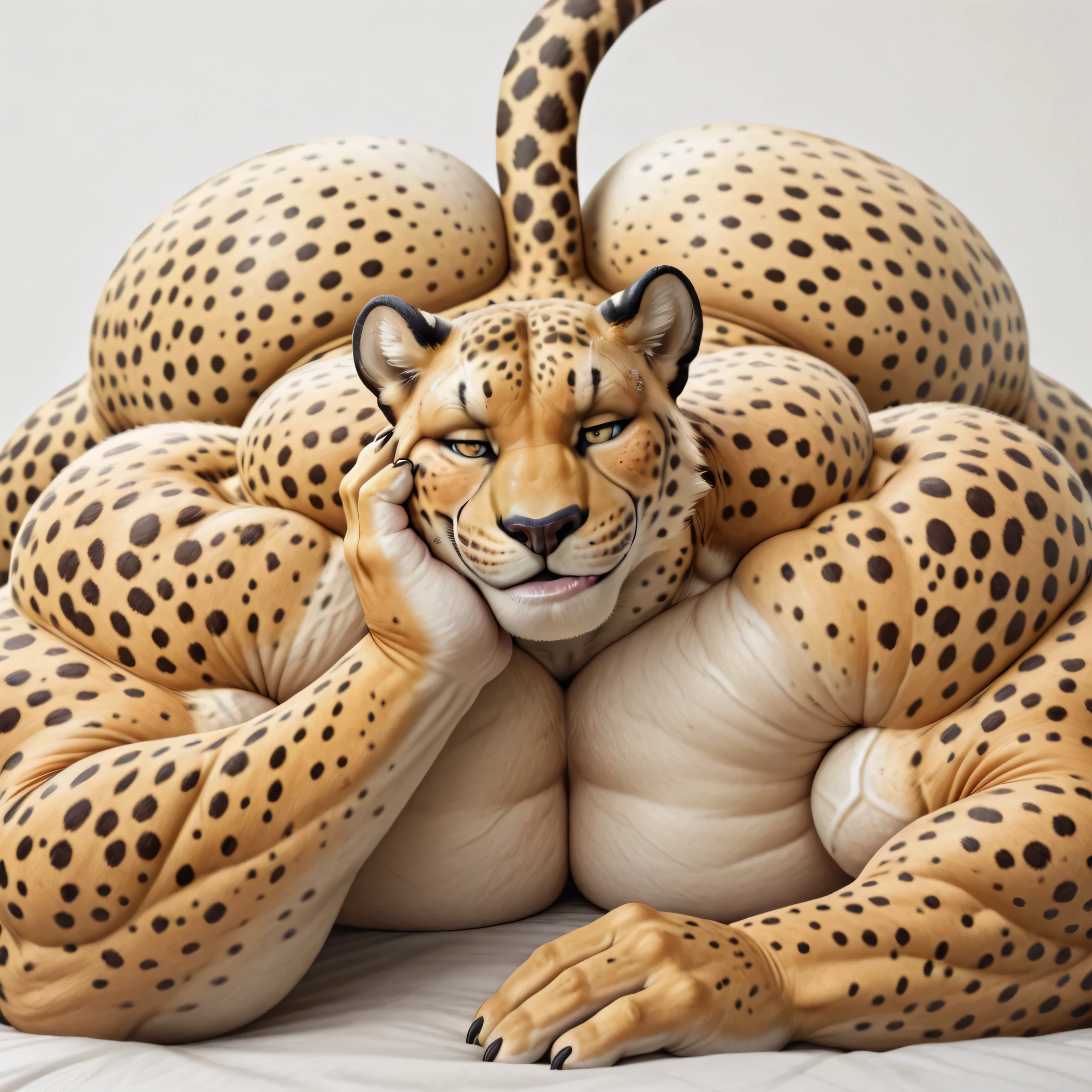 masterpiece, best quality, amazing quality, high quality, semi realistic, furry, 1boy, cheetah, yellow body, huge muscle, , simple background, solo, lying on stomach, front, hand on his own cheek, focus face, close up face, smirk