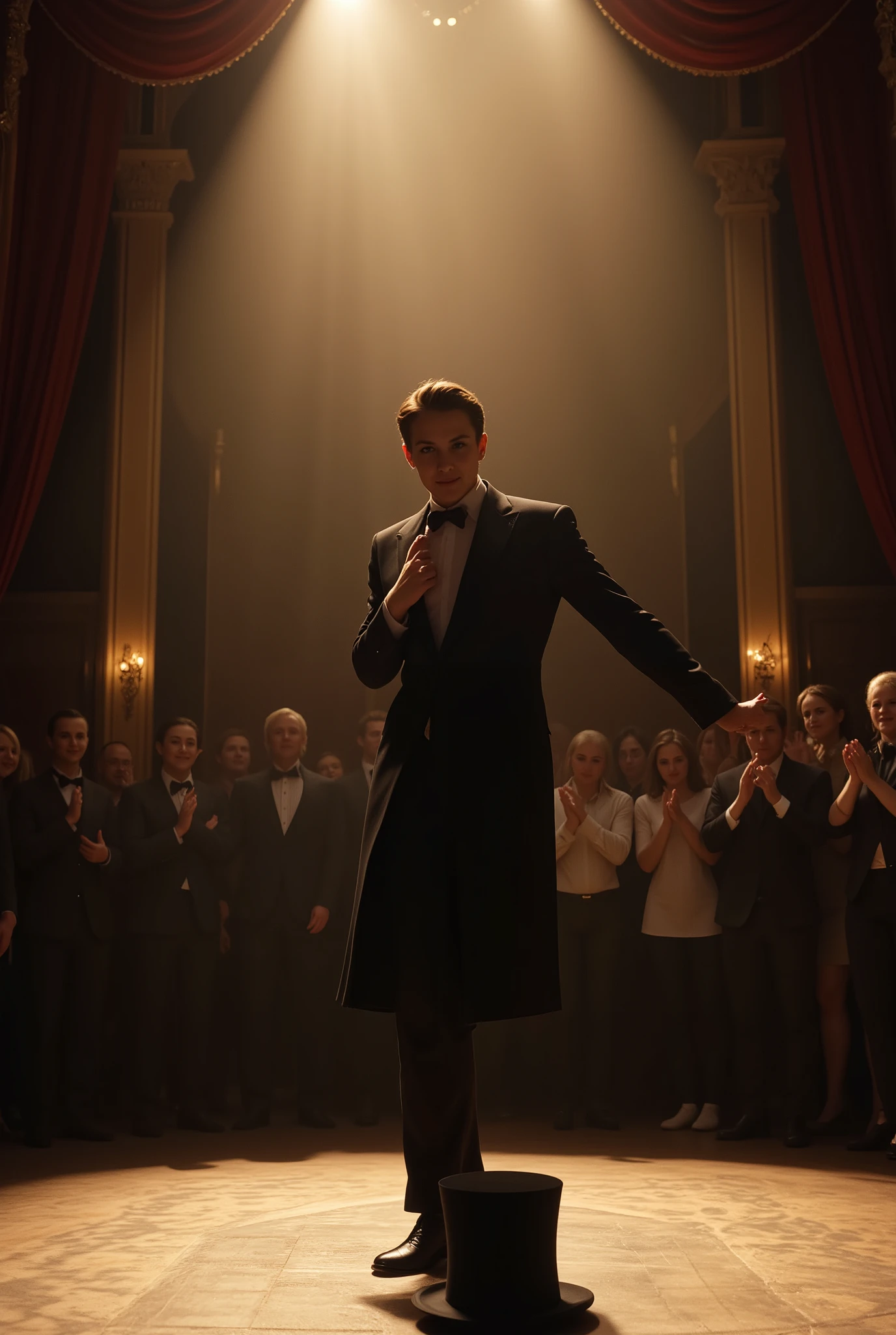 The Final Vanishing
At the climax, the magician bows—and disappears mid-applause. No trapdoor, no smoke. Just absence. The crowd waits. Minutes pass. Was it the end of the show—or the beginning of something else? spotlight fades to black, lingering applause, empty stage with a single top hat left behind.