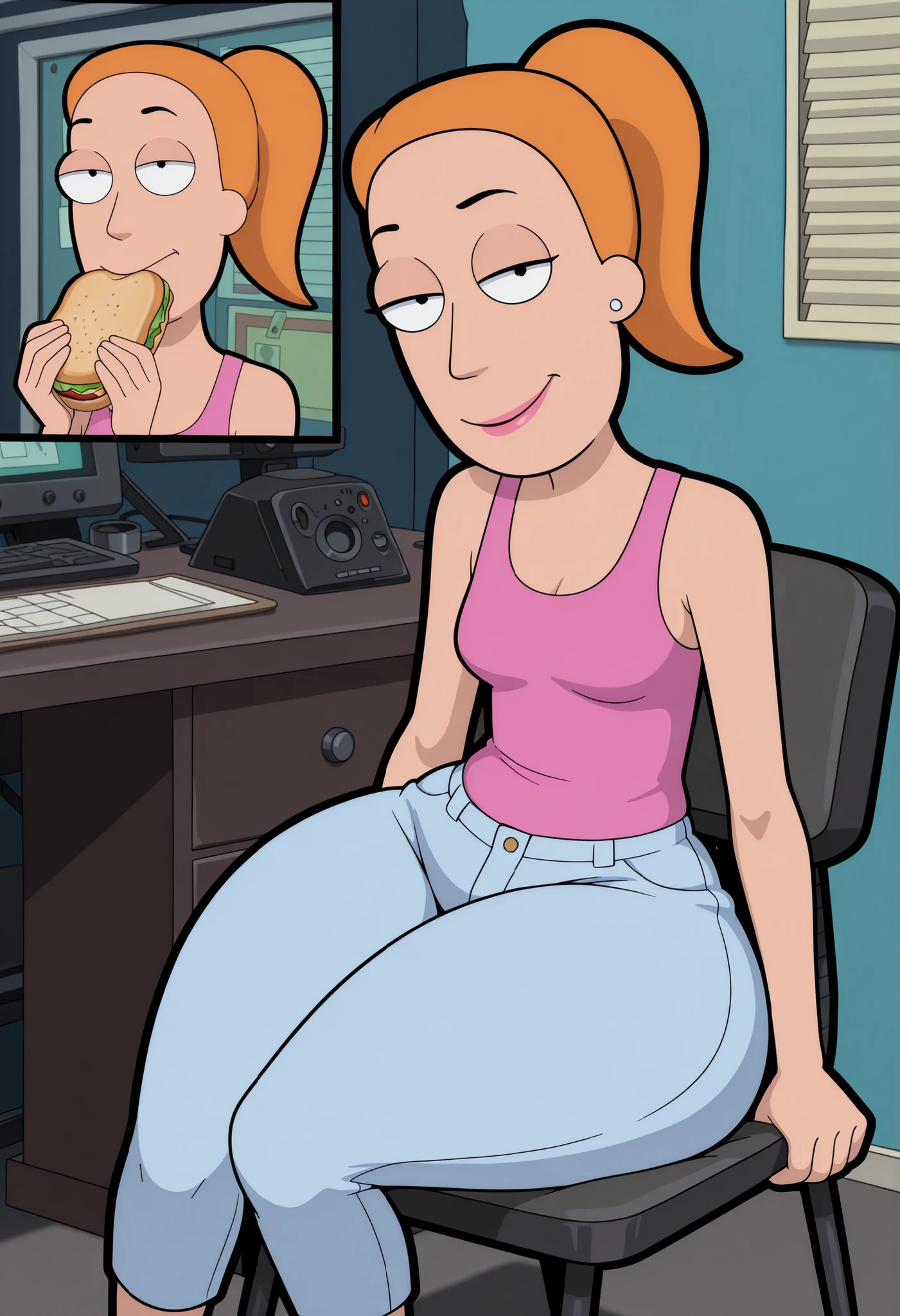 DISNEY_ANIMATION,Summer Smith, ginger, medium hair, ponytail, small breasts, skinny body, huge hips. earrings. pink lips, black eyes | masterpiece, high quality, (black outline,cartoon style,black lineart, realistic:1.2), (fbhckrgal:0.7) Smile,bedroom eyes, (shorts,jeans shorts) sitting in a chair, eating a sandwich, (Multiple angle view:1.2) (Night, darkness:1.2)Concrete walls, blue walls,small room, surveillance room, monitors on the wall, desk,