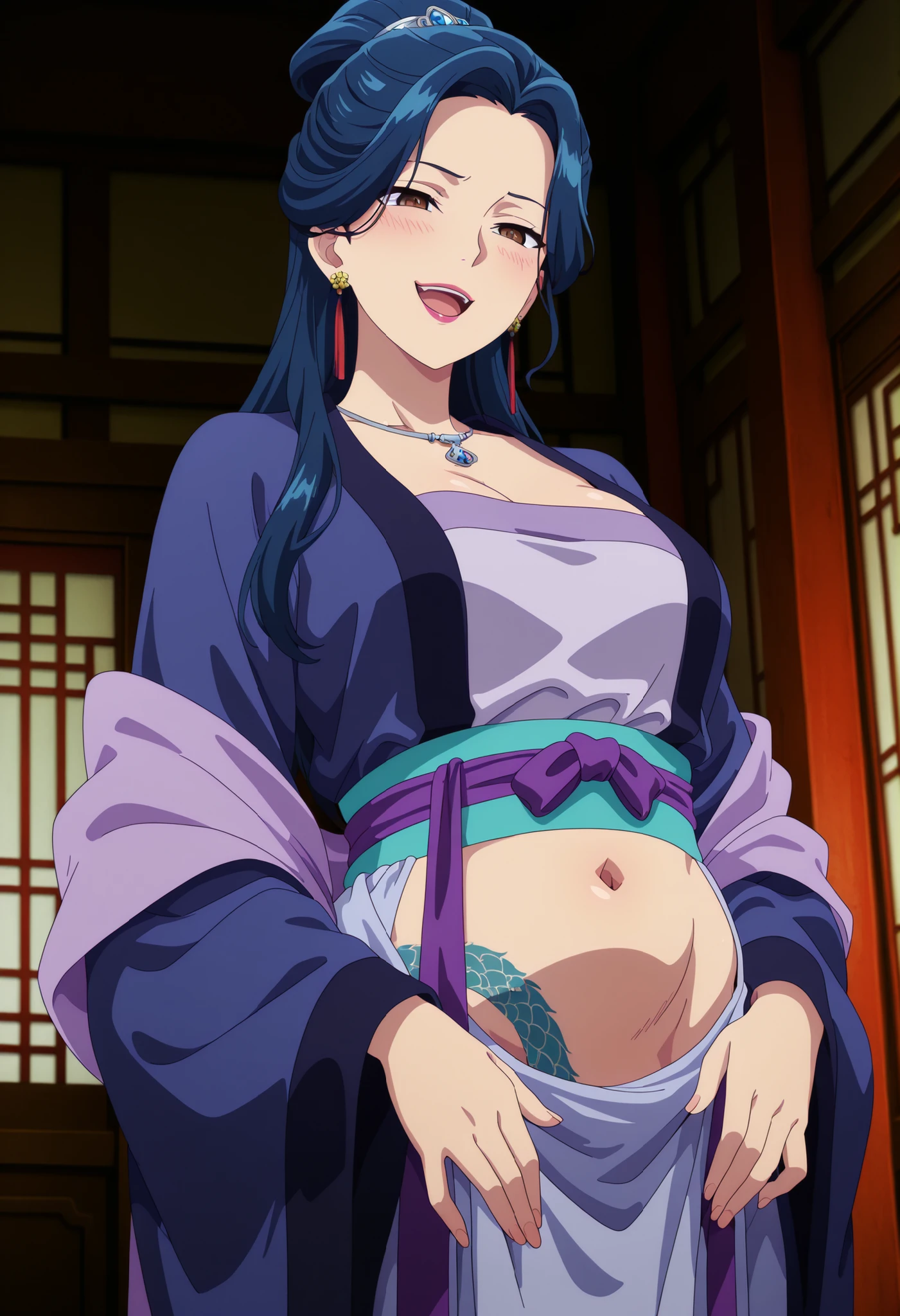 1girl,solo,mm,mature female,earrings,brown eyes,blue hair,lipstick,  swept bangs,
necklace,,, open mouth,  cowboy shot, necklace,hanfu,japanese clothes,sash,, open mouth,  cowboy shot, indoors
,masterpiece,best quality,amazing quality, , ear piercing, long hair, blush, lipstick,Hot girl, baddie, , sensual, attractive ,, masterpiece,high
quality,4k,belly,,,cleavage, ,, smile, open
mouth, (nsfw) not safe for work, evil expression,belly, exposed navel, exposed midriff,
exposed lower belly,,navel , dragon tattoo on waist, narrowed eyes,
tattoo on waist, anipai_style , anime screencap , anime coloring