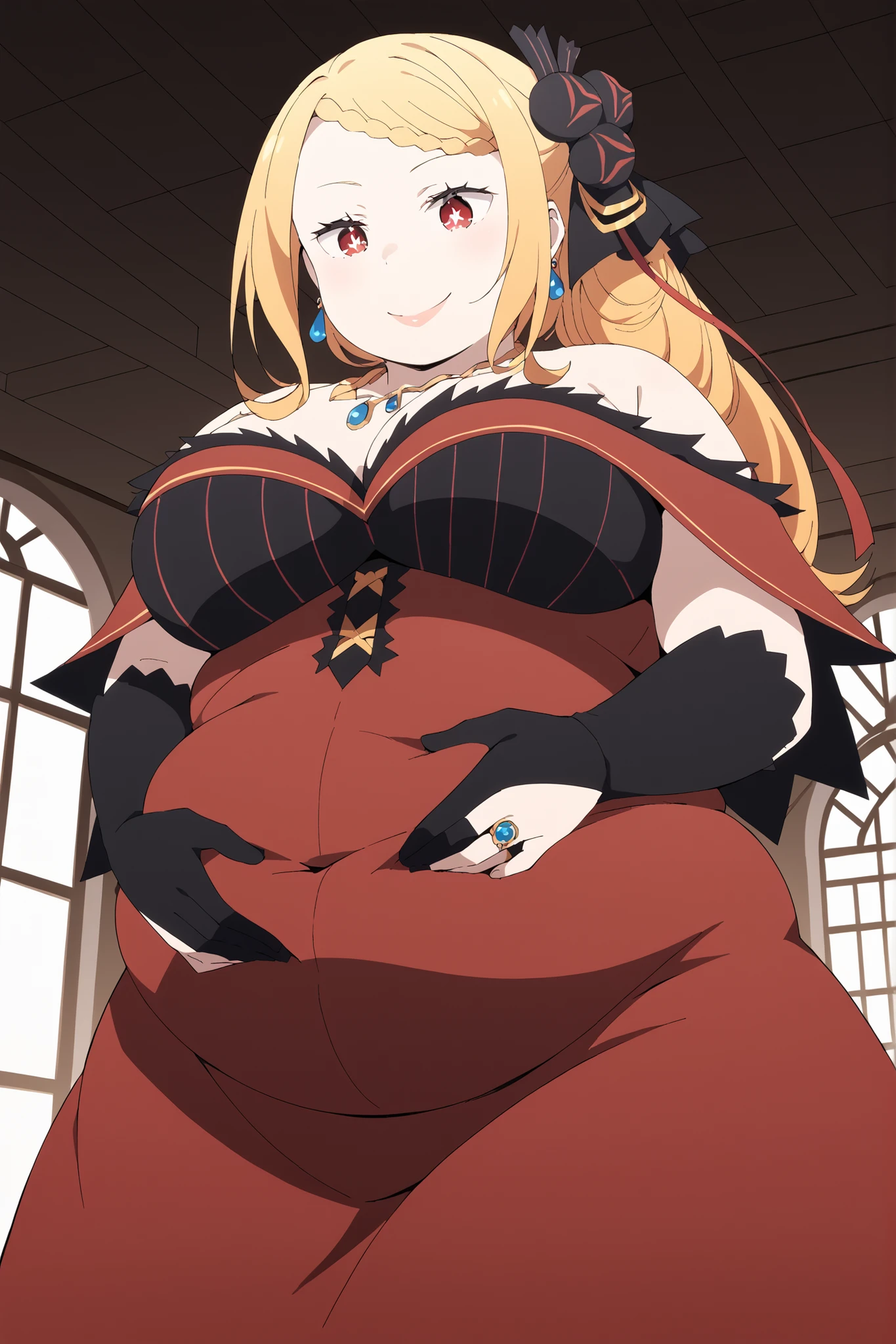 bloated belly,obese,fat,plump,WeightObese, score_9,  score_8_up,  score_7_up,  source_anime,  Priscilla Barriel, length hair, blonde hair, red eyes, one side up,  big breasts, bright pupils, white pupils,, hair ornaments close to the garden,  gloves,  dress,  shoulder out,   jewelry, pantyhose, earrings, black  gloves, necklace, red  dress, bridal gauntlet,, Expressway, car, car線, fast, length, , lap throw,  wrap pillow , from below, ceiling,  Look Down, throw, , smile,, watch viewers, Alone,, Dutch angle, cowboy shot