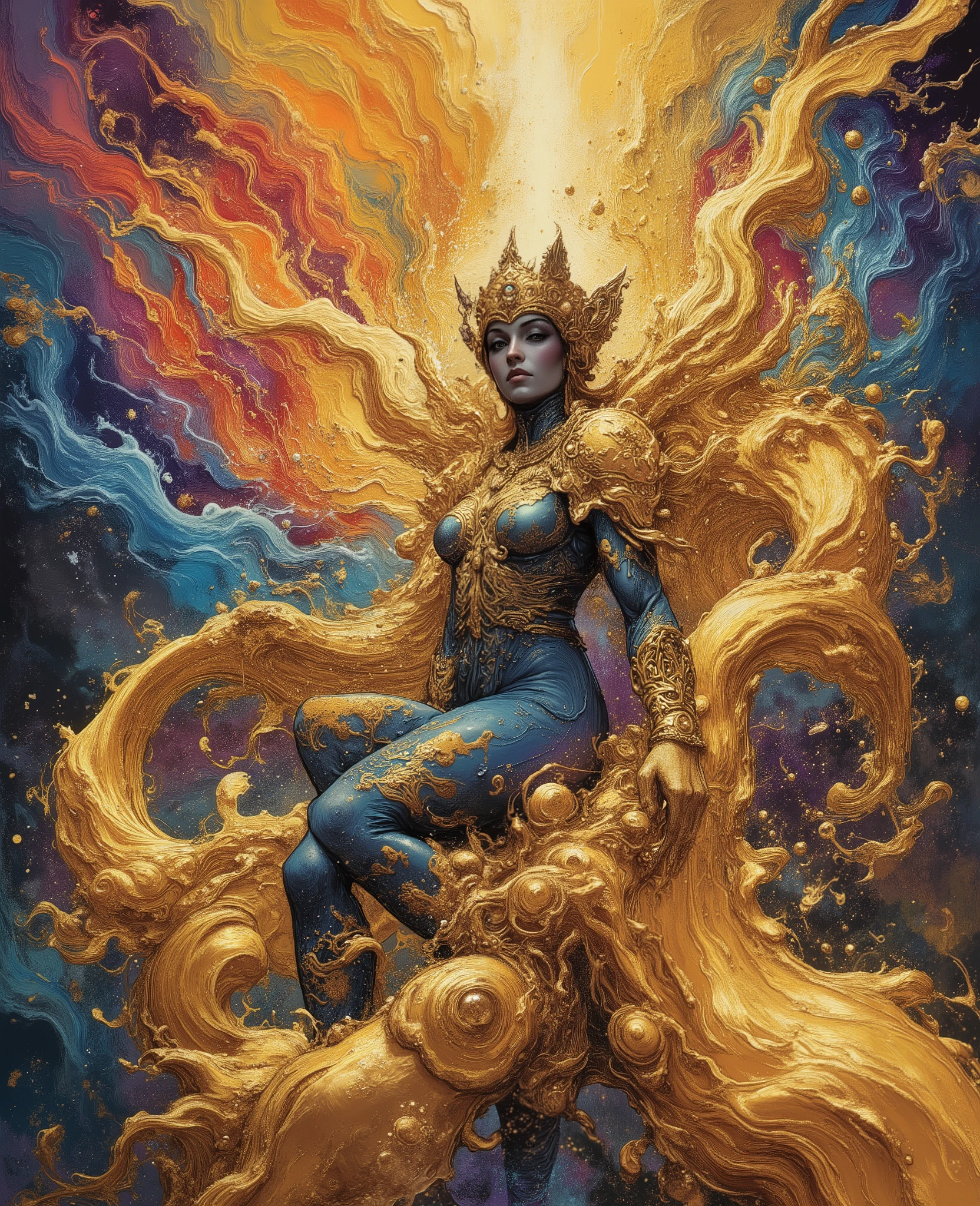 splashart, majestic portrayal of Pandora opening a gold chest letting all the evils of the world in swirling colors, Well detailed hourglass figure((abstract background)), piercingeyes, epic instagram, art  stations, Color paint splash style+, contour lines, hyperdetailed intricately detailed, Unreal Engine, magnifica, intricate detailes, splash screen, Complementary color scheme, Realistic concept art, 8K分辨率, Masterpiece of deviance, an oil painting, heavy brushstrokes, Ink Drop, Splash gear