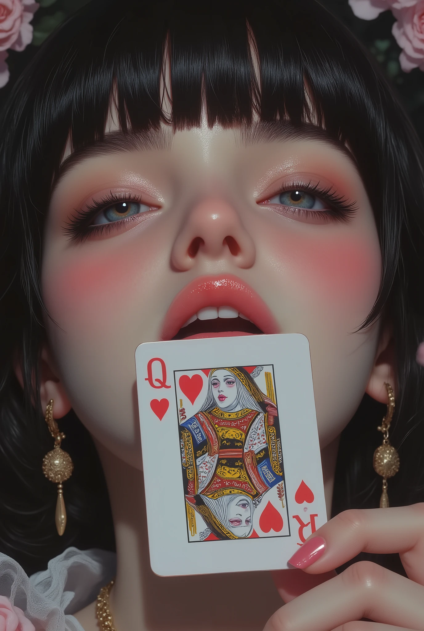 A hyper realistic portrait of a beautiful woman biting a queen of hearts card. Expressive lips and eyes. 8k, detailed, realistic textures, gold earrings, blue eyes,bokeh