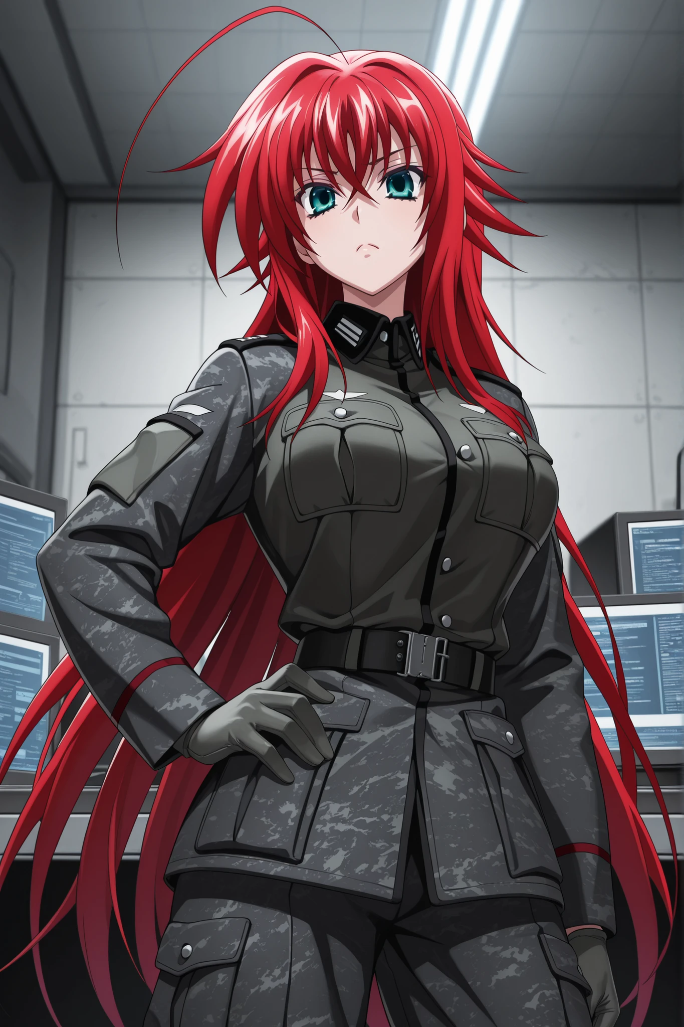 absurdres, (((Ultra HD))), (((Ultra High Quality))), ((hyper detailed)), ((Ultra High Resolution)), (Highly rendered), ((detailed eyes)), (((8K))), ((perfect face)), ((masterpiece)), cinematic, solo, 1girl, tall, black military combat uniform, black camouflage jacket, black camouflage, black camouflage pants, soldier, gloves, rias gremory, huge ahoge, long hair, hair between eyes, green eyes, red hair, stern expression, military command room background, computers