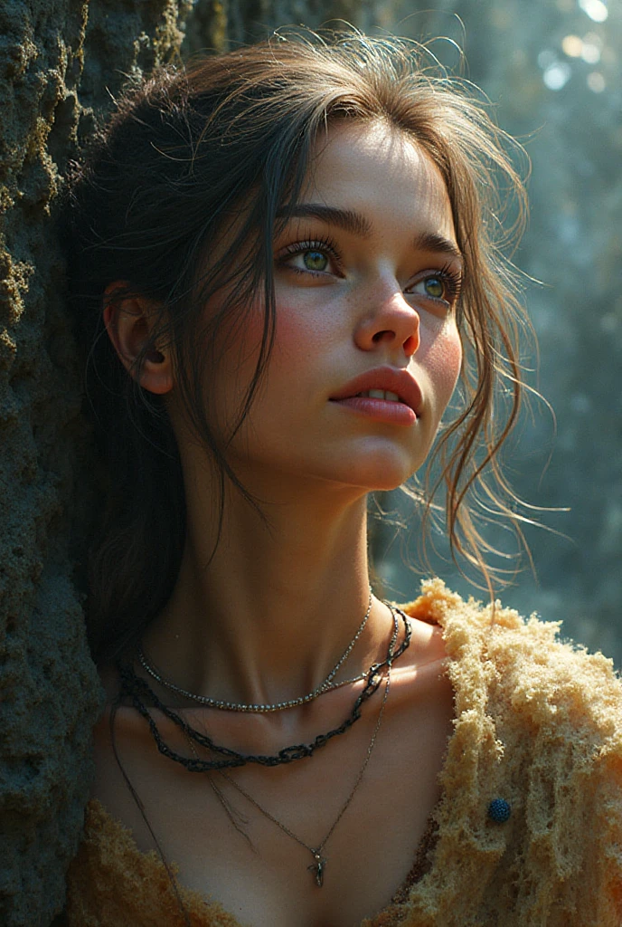 ((1female, 1woman, solo) Bella Swan, Human girl, long wavy chestnut brown hair, light chocolate brown eyes, freckles, teenager, 18 years old, forest background, curious expression) (Masterpiece, super detailed, 8K, (High-Definition, Sunlight:0.5, Soft_Shadows:0.5, Atmospheric_lighting, 8k, 4k, hyper-realistic, elegant, ((((cinematic appearance)))), soft tones, soft cinematic lights))