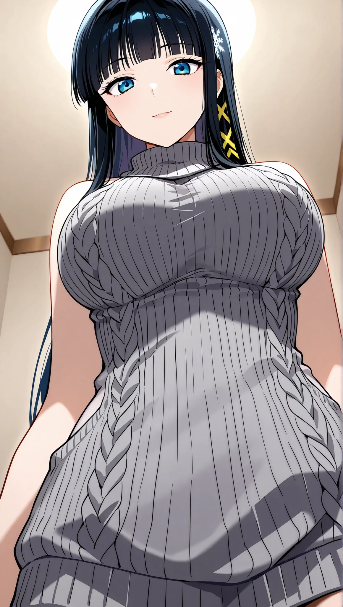 [[miyuki250219]],1lady, beauty, glossy lips,Rouge,detail eyes,dynamic angle,(更衣室:1.3)

shiba miyuki, black hair,long hair, blunt bangs, eyebrows visible through hair, blue eyes, snowflake hair ornament, yellow x hair ornament,,virgin killer sweater ,(large breasts:0.8),light smile,

upper body,from below,shirt tug,

 (extremely detailed CG,masterpiece, highres icon,absurdres,4K),
