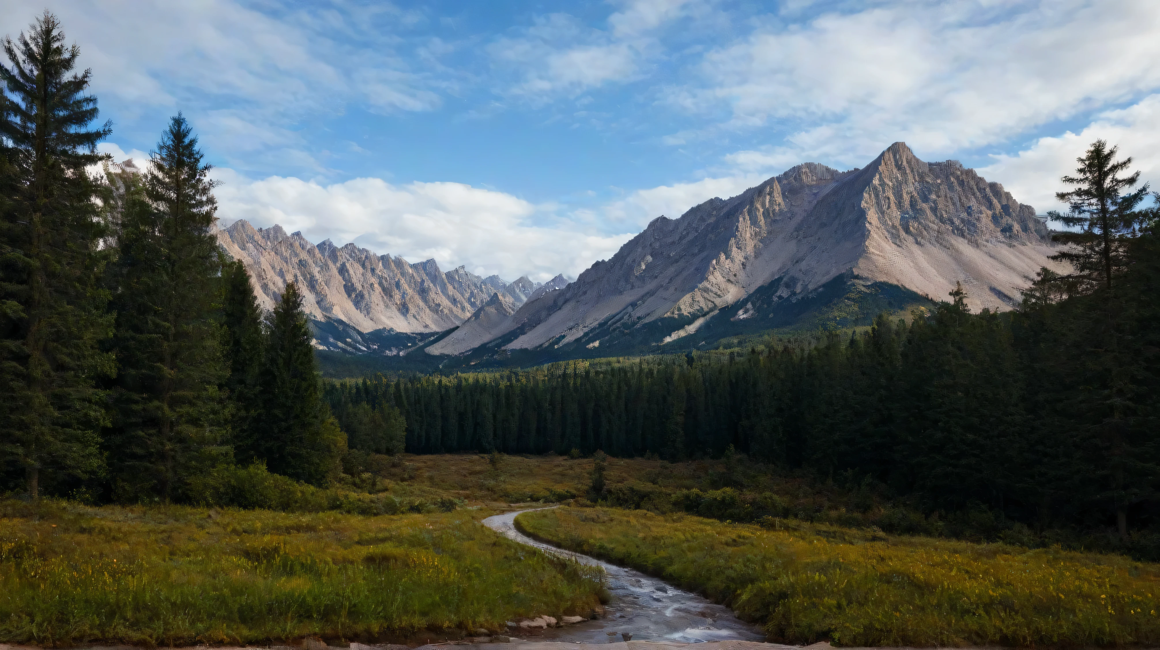 Magnificent snow-capped mountain towers in the background under a bright blue sky, speckled with smooth white clouds. Sebuah , the meandering river reflects the blue sky, berbintik kecil, a white sailboat gliding across the shimmering water. Di tepi sungai, bright green meadow stretches, decorated with clusters of trees and charming red-roofed cottages, adds a rustic touch to the landscape. A breezy breeze shakes grass and trees. The lush greenery of the hills and dense forests contrasts beautifully with the rocky slopes of the mountains, creating a harmonious blend of natural colors. The lighting is lively and sharp, reminiscent of a sunny spring day, enhance a friendly and serene atmosphere. A cobbled path winding through the foreground among scattered rocks, leading to a beautiful valley, mengajak eksplorasi. The image captures the natural essence of peaceful beauty and solitude, making it a place of perishness beautiful rural rest.