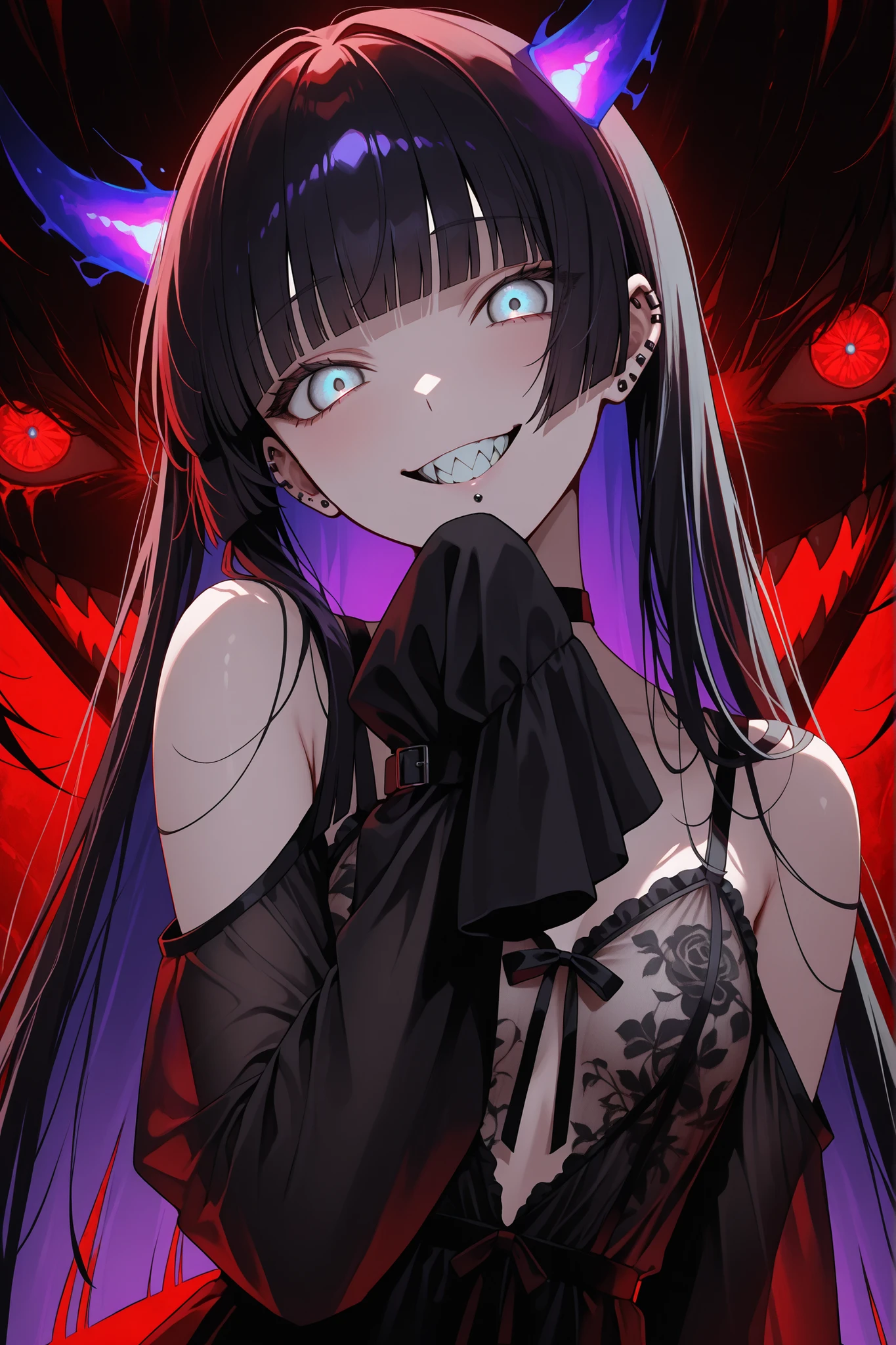 sexy lingerie,underwear,see-through,vibrant colors, silhouette, insane, dark art, madness,glowing eyes, wide smile, sharp teeth, glowing teeth, blue eyes, red theme, glowing horns,yandere,pasan, black hair, blunt bangs, blunt ends, chin piercing, colored inner hair, ear piercing, grey eyes, hime cut, long hair, medium bangs, multicolored hair, piercing, purple hair,,bare shoulders, black choker, black dress, black sleeves, choker, clothing cutout, detached sleeves, dress, gothic, shoulder cutout, sleeves past fingers, sleeves past wrists, very long sleeves,,