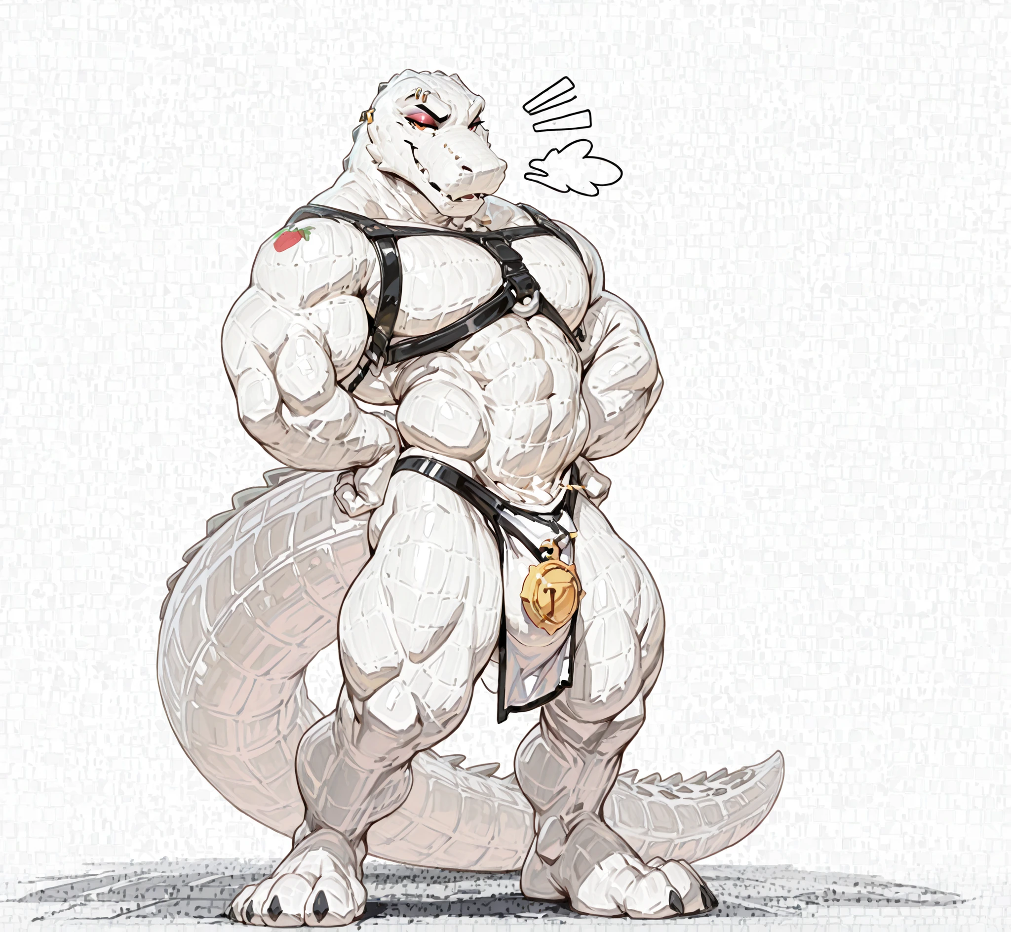 chr0m@t1cAbe2r@t1on, an@t0my, by darkgem, masterpiece, best quality, anthro alligator, white alligator, all white body, male, solo male, muscular build, curvy modest hips, (full body), eyeliner, piercings, smug 