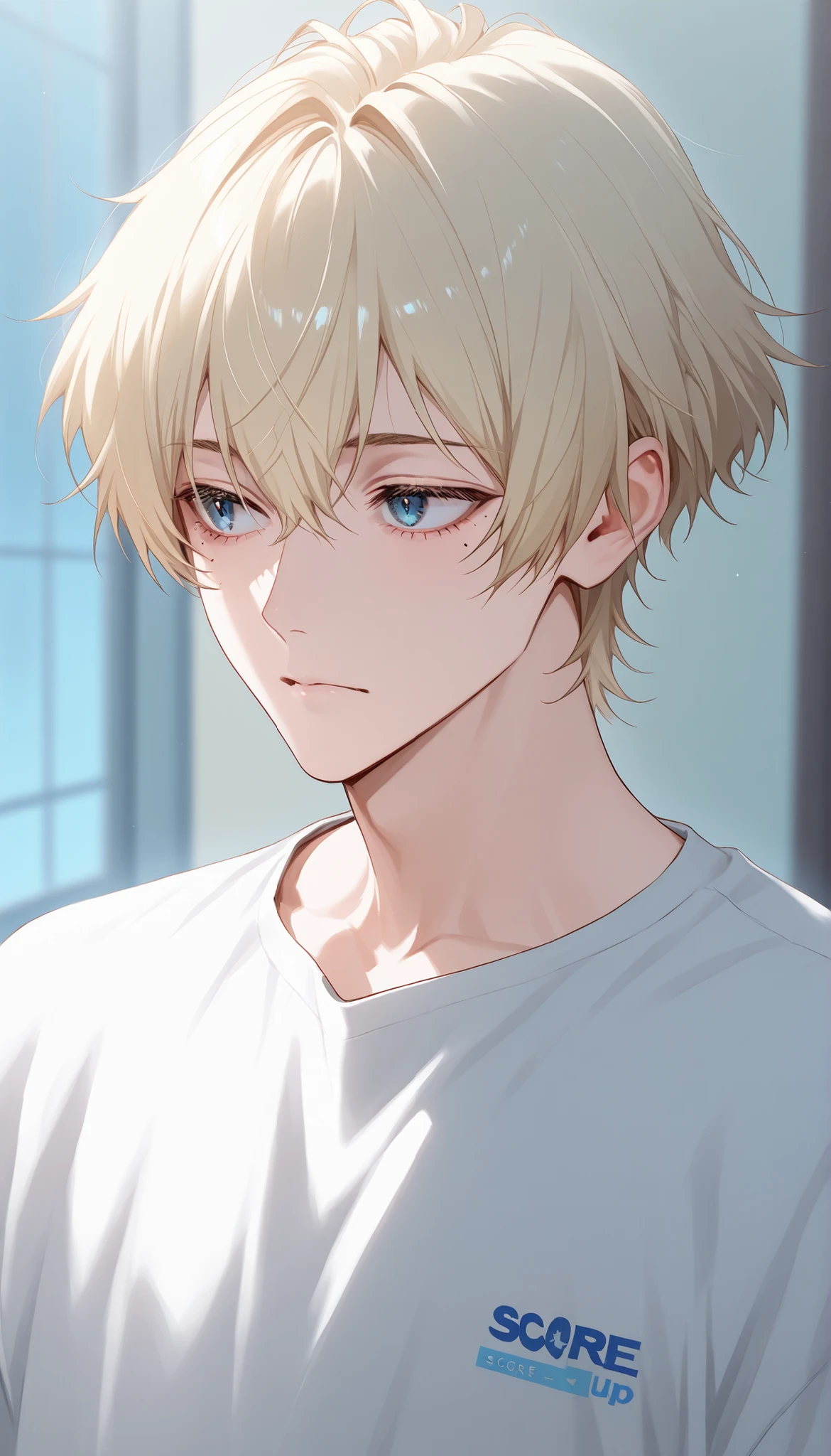 score_9, score_8_up, score_7_up、Anime、masterpiece、((1boy))、solo, alone, The blond haired、short hair、Blue eyes、mole under eye