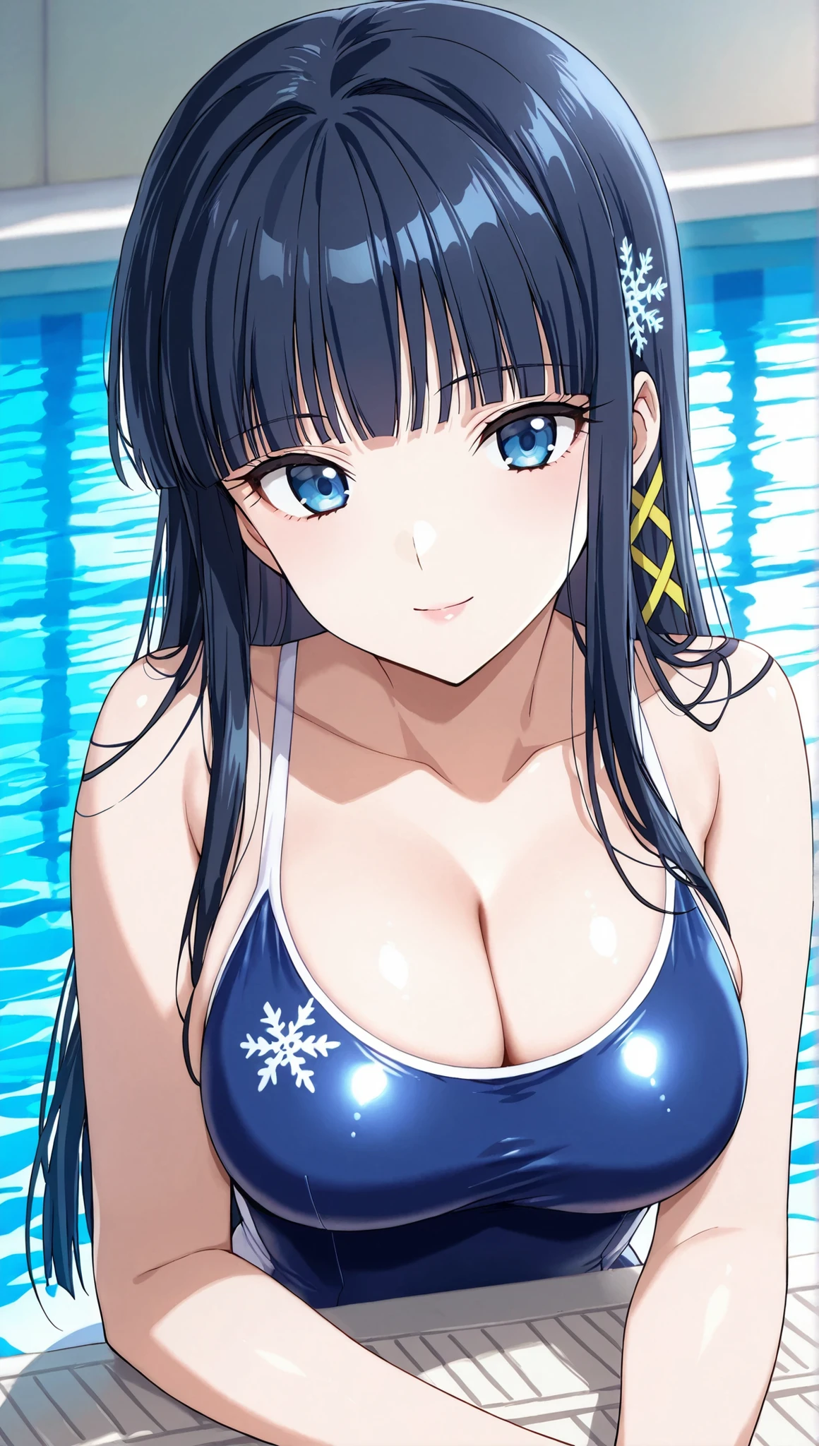 [[miyuki250219]],1lady, beauty, glossy lips,Rouge,detail eyes,dynamic angle,(poolside:1.3)

shiba miyuki, black hair,long hair, blunt bangs, eyebrows visible through hair, blue eyes, snowflake hair ornament, (yellow x hair ornament:1.3),school swim suit, , ,(large breasts:0.8),light smile,

upper body,Archerjeanne2nd,one-piece swimsuit,

 (extremely detailed CG,masterpiece, highres icon,absurdres,4K),
