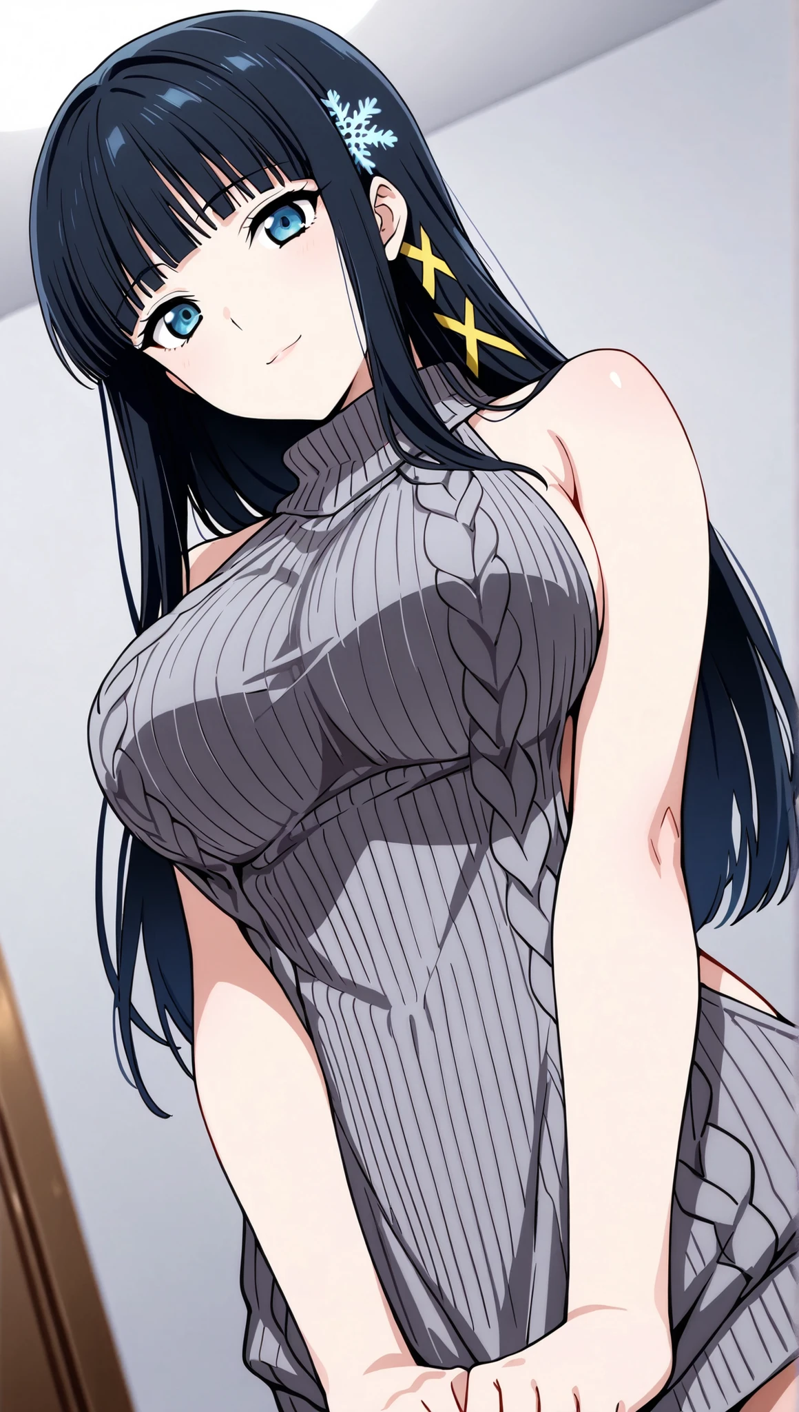 [[miyuki250219]],1lady, beauty, glossy lips,Rouge,detail eyes,dynamic angle,(更衣室:1.3)

shiba miyuki, black hair,long hair, blunt bangs, eyebrows visible through hair, blue eyes, snowflake hair ornament, yellow x hair ornament,,virgin killer sweater ,(large breasts:0.8),light smile,

upper body,from below,shirt tug,

 (extremely detailed CG,masterpiece, highres icon,absurdres,4K),
