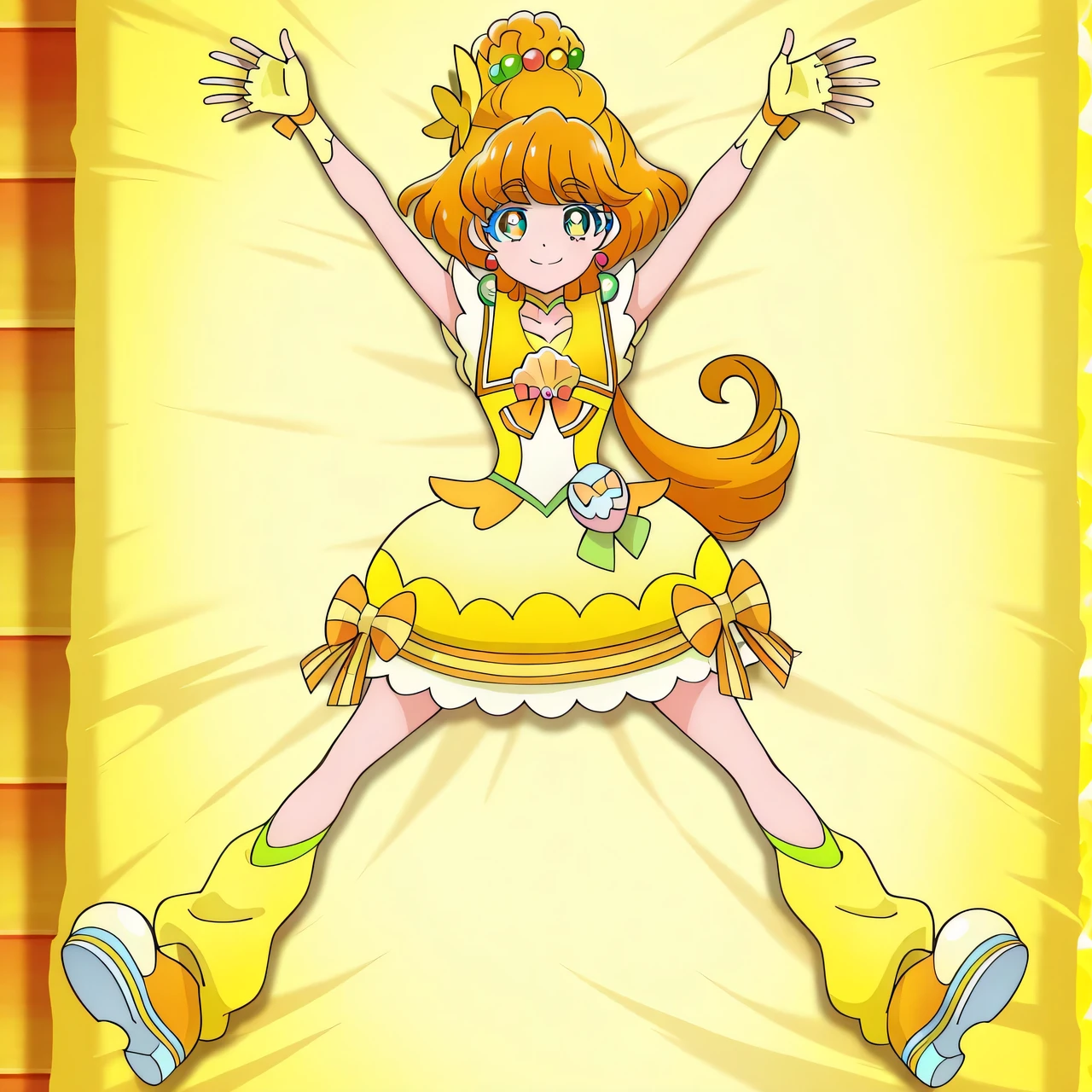curepapaya, tropri, anime screencap, high quality, solo, lying, on back, from above, arms up, , closed mouth, on bed, looking at viewer, full body, smile, best quality