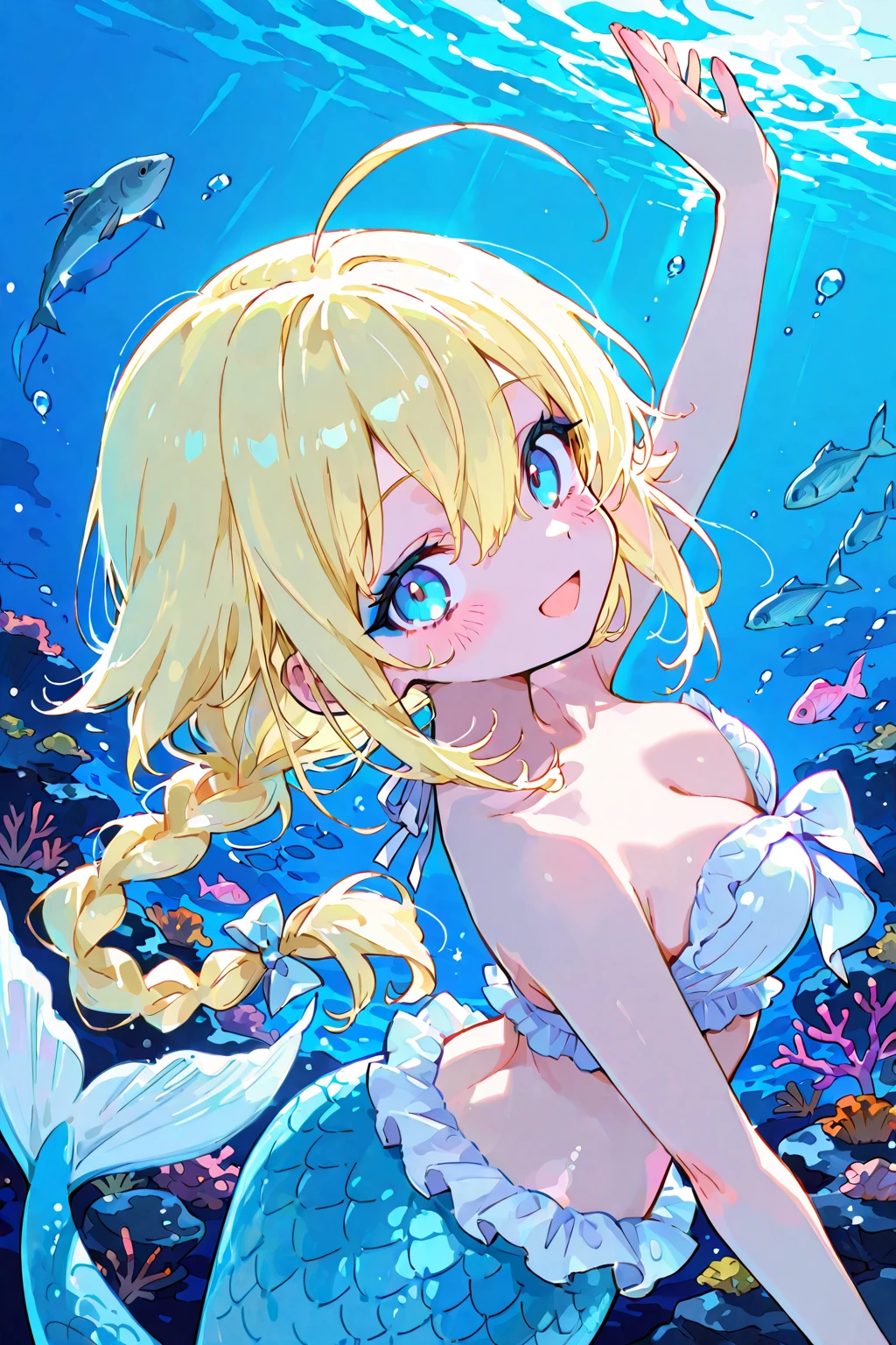 hitenkei style, claude monet, oil painting, mermaid, ((???????)), ????, masterpiece, underwater, coral reefs, schooling fish, 1 girl, ????? ???????, intricately detailed, navel, ???? shoulders, blonde hair, pearl necklace, fin hair ornaments, under sea, extremely detailed, ???? ???????, puffy ???????, blue eyes, ???? stomach, soaked, ??????????????, arm strap, swimming, teen, soft eyes, smiling, armpit, happy, half open eyes, lusty eyes, blushing, long hair, side bangs, sleepy eyes, large ???????, lifeless eyes