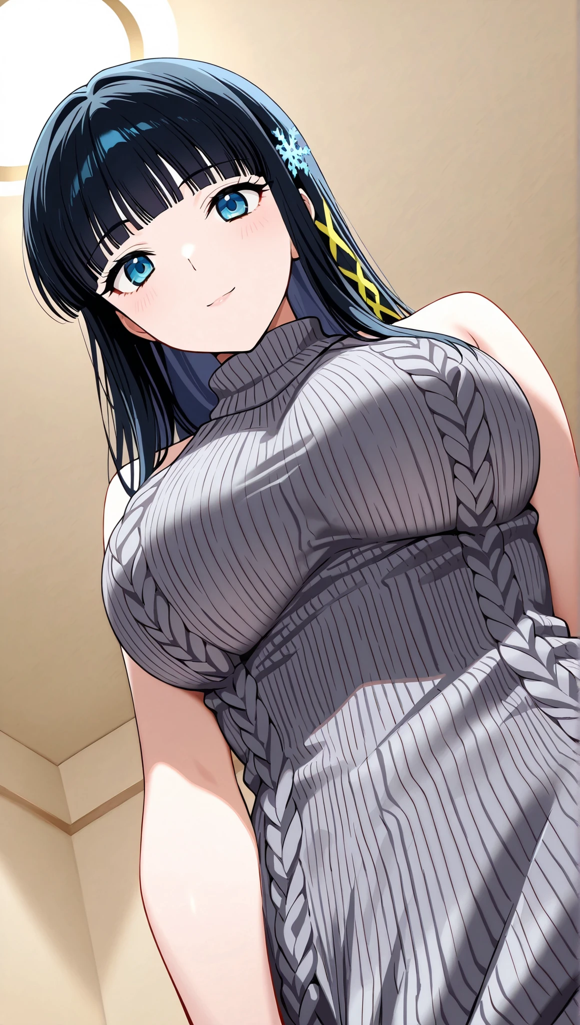 [[miyuki250219]],1lady, beauty, glossy lips,Rouge,detail eyes,dynamic angle,(更衣室:1.3)

shiba miyuki, black hair,long hair, blunt bangs, eyebrows visible through hair, blue eyes, snowflake hair ornament, yellow x hair ornament,,virgin killer sweater ,(large breasts:0.8),light smile,

upper body,from below,shirt tug,

 (extremely detailed CG,masterpiece, highres icon,absurdres,4K),

