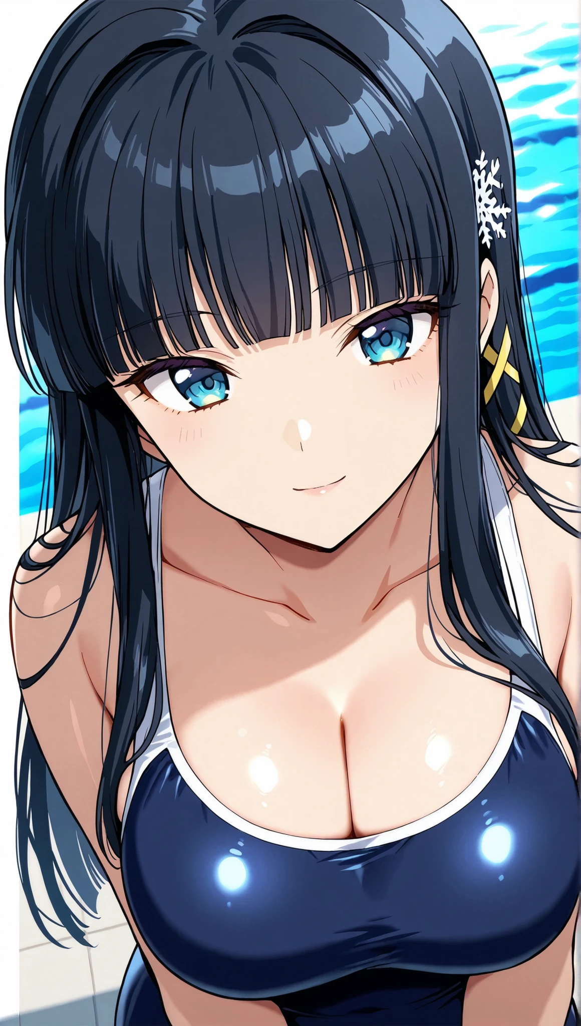 [[miyuki250219]],1lady, beauty, glossy lips,Rouge,detail eyes,dynamic angle,(poolside:1.3)

shiba miyuki, black hair,long hair, blunt bangs, eyebrows visible through hair, blue eyes, snowflake hair ornament, (yellow x hair ornament:1.3),school swim suit, , ,(large breasts:0.8),light smile,

upper body,Archerjeanne2nd,one-piece swimsuit,

 (extremely detailed CG,masterpiece, highres icon,absurdres,4K),
