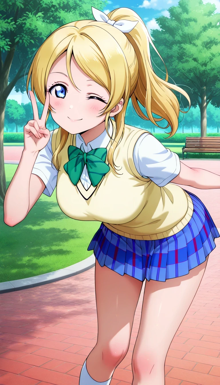anime style, masterpiece, best quality, ultra detailed, highres, 8k, smile, 1 girl,
Eri ayase ,yellow hair, blue eyes, ponytail, hair ribbon,
otonokizaka school uniform, pleated skirt, school uniform, short sleeves, skirt, summer uniform, sweater vest, yellow sweater vest, floating kiss , park, wink, V over the eye, park, white socks , leaning forward