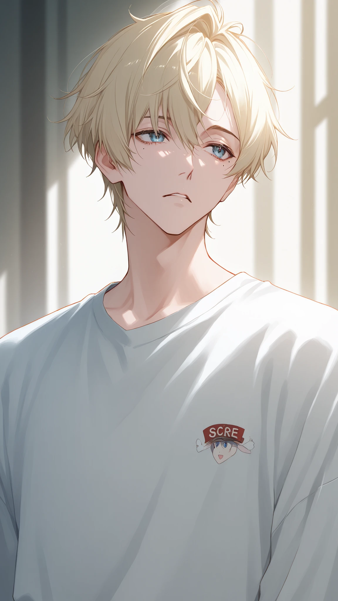 score_9, score_8_up, score_7_up、Anime、masterpiece、((1boy))、solo, alone, The blond haired、short hair、Blue eyes、mole under eye