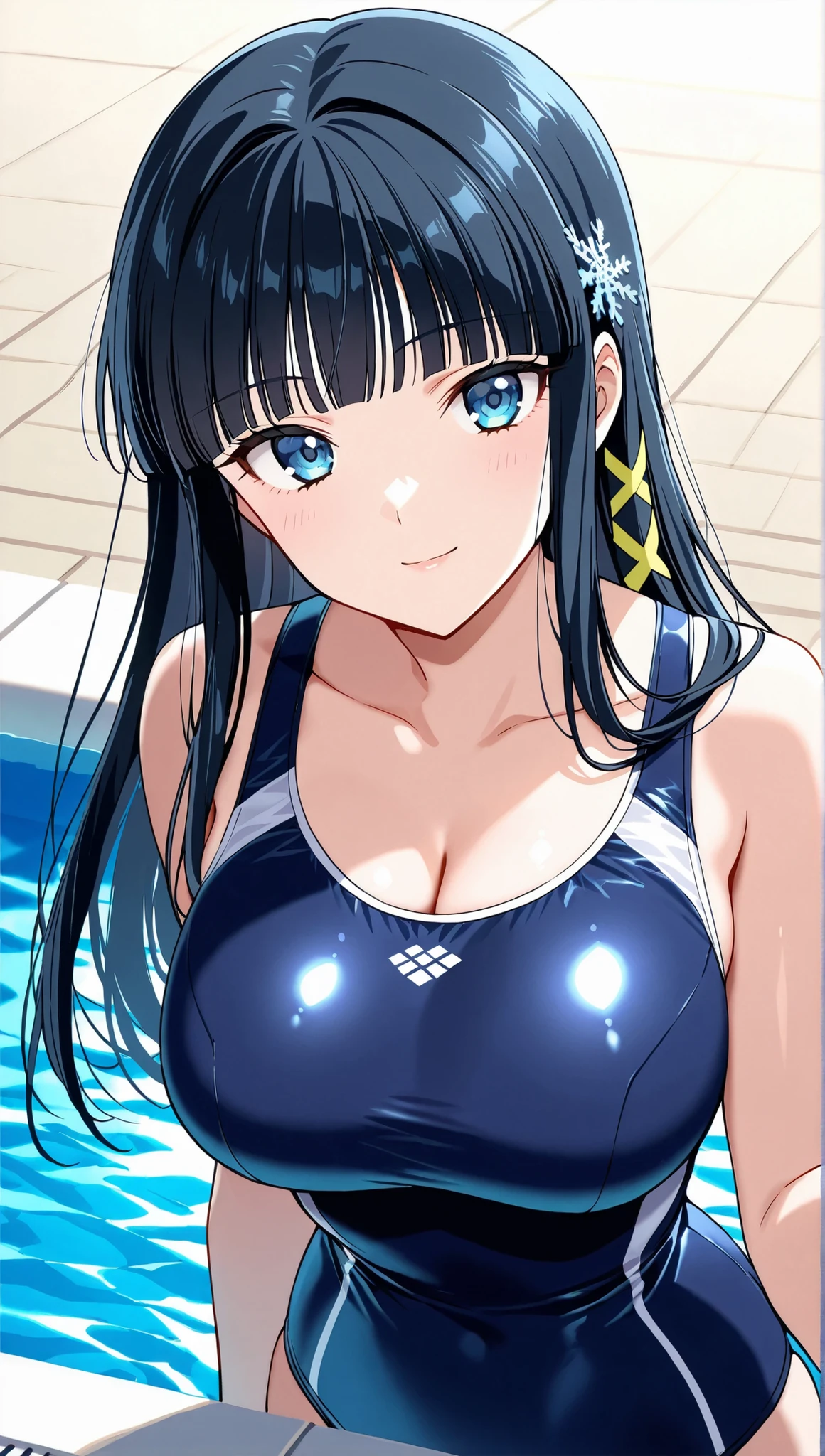 [[miyuki250219]],1lady, beauty, glossy lips,Rouge,detail eyes,dynamic angle,(poolside:1.3)

shiba miyuki, black hair,long hair, blunt bangs, eyebrows visible through hair, blue eyes, snowflake hair ornament, (yellow x hair ornament:1.3),school swim suit, , ,(large breasts:0.8),light smile,

upper body,Archerjeanne2nd,one-piece swimsuit,

 (extremely detailed CG,masterpiece, highres icon,absurdres,4K),
