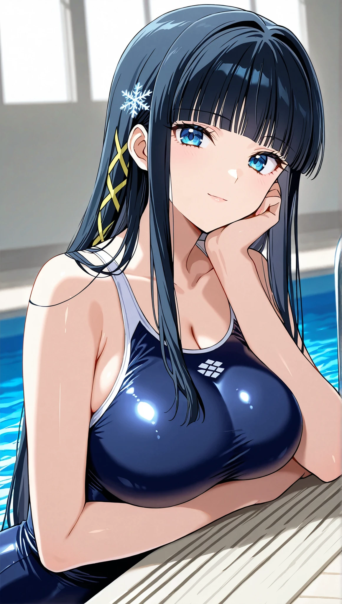 [[miyuki250219]],1lady, beauty, glossy lips,Rouge,detail eyes,dynamic angle,(poolside:1.3)

shiba miyuki, black hair,long hair, blunt bangs, eyebrows visible through hair, blue eyes, snowflake hair ornament, (yellow x hair ornament:1.3),school swim suit, , ,(large breasts:0.8),light smile,

upper body,Archerjeanne2nd,one-piece swimsuit,

 (extremely detailed CG,masterpiece, highres icon,absurdres,4K),
