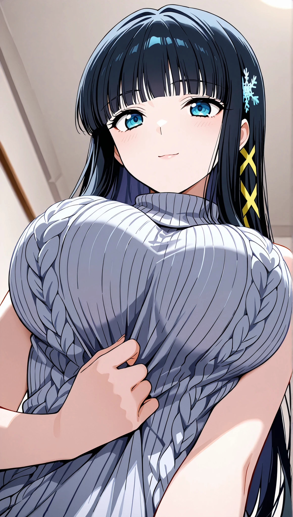 [[miyuki250219]],1lady, beauty, glossy lips,Rouge,detail eyes,dynamic angle,(更衣室:1.3)

shiba miyuki, black hair,long hair, blunt bangs, eyebrows visible through hair, blue eyes, snowflake hair ornament, yellow x hair ornament,,virgin killer sweater ,(large breasts:0.8),light smile,

upper body,from below,shirt tug,

 (extremely detailed CG,masterpiece, highres icon,absurdres,4K),
