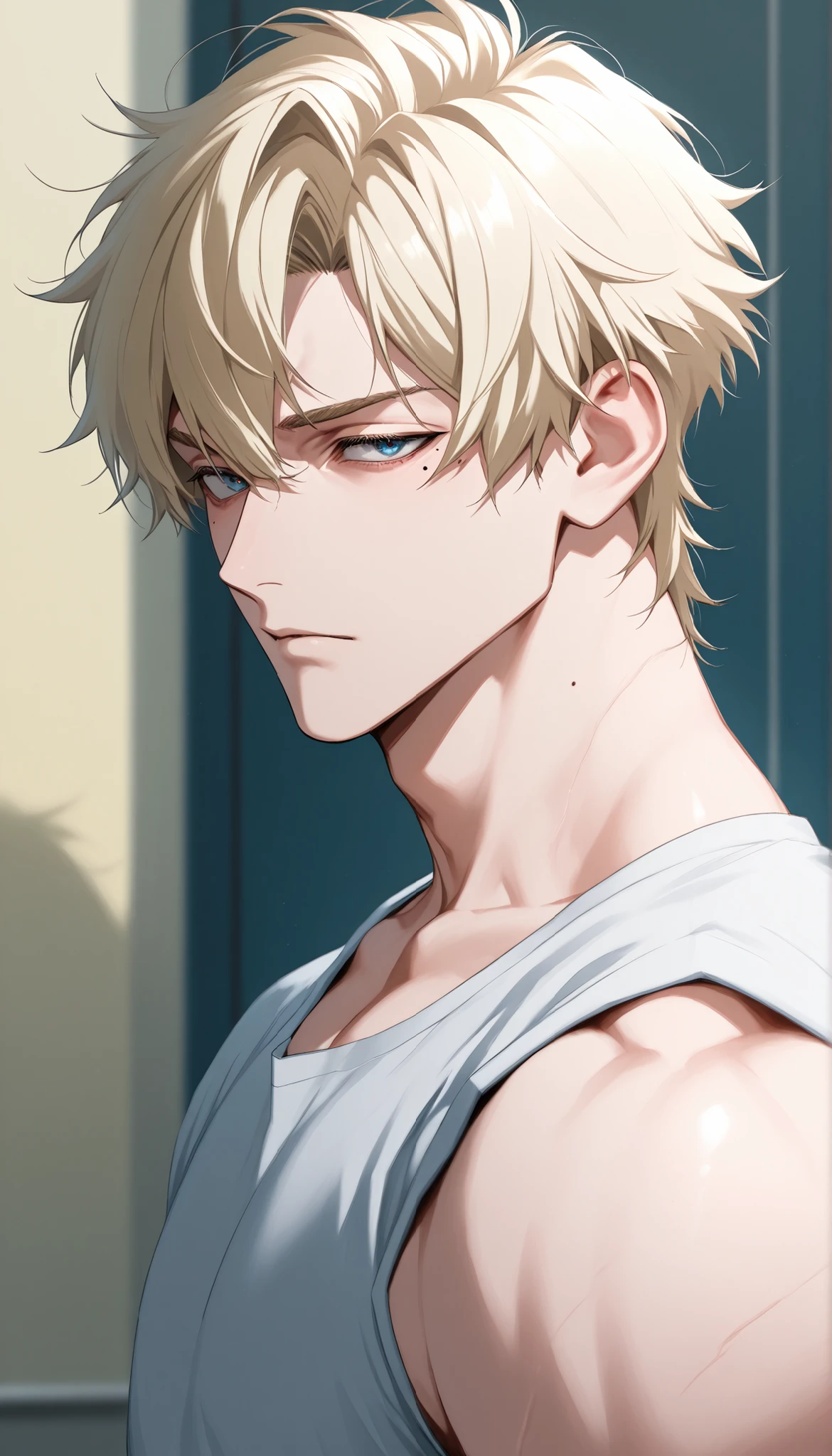 score_9, score_8_up, score_7_up、Anime、masterpiece、((1boy, muscled))、solo, alone, The blond haired、short hair、Blue eyes、mole under eye