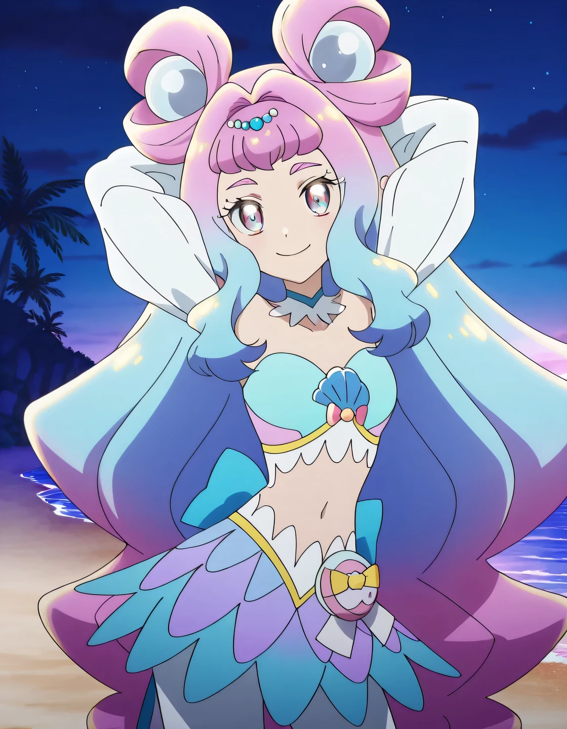 curelamer, lamercostume, anime screencap, shiny skin, high quality, solo, cowboy shot, (contrapposto), arms behind head, closed mouth, night sky, beach, looking at viewer, smile, best quality