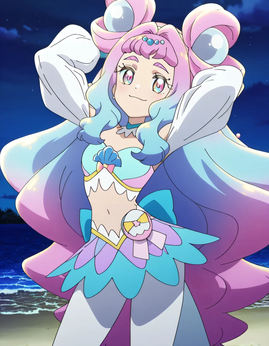 curelamer, lamercostume, anime screencap, shiny skin, high quality, solo, cowboy shot, (contrapposto), arms behind head, closed mouth, night sky, beach, looking at viewer, smile, best quality