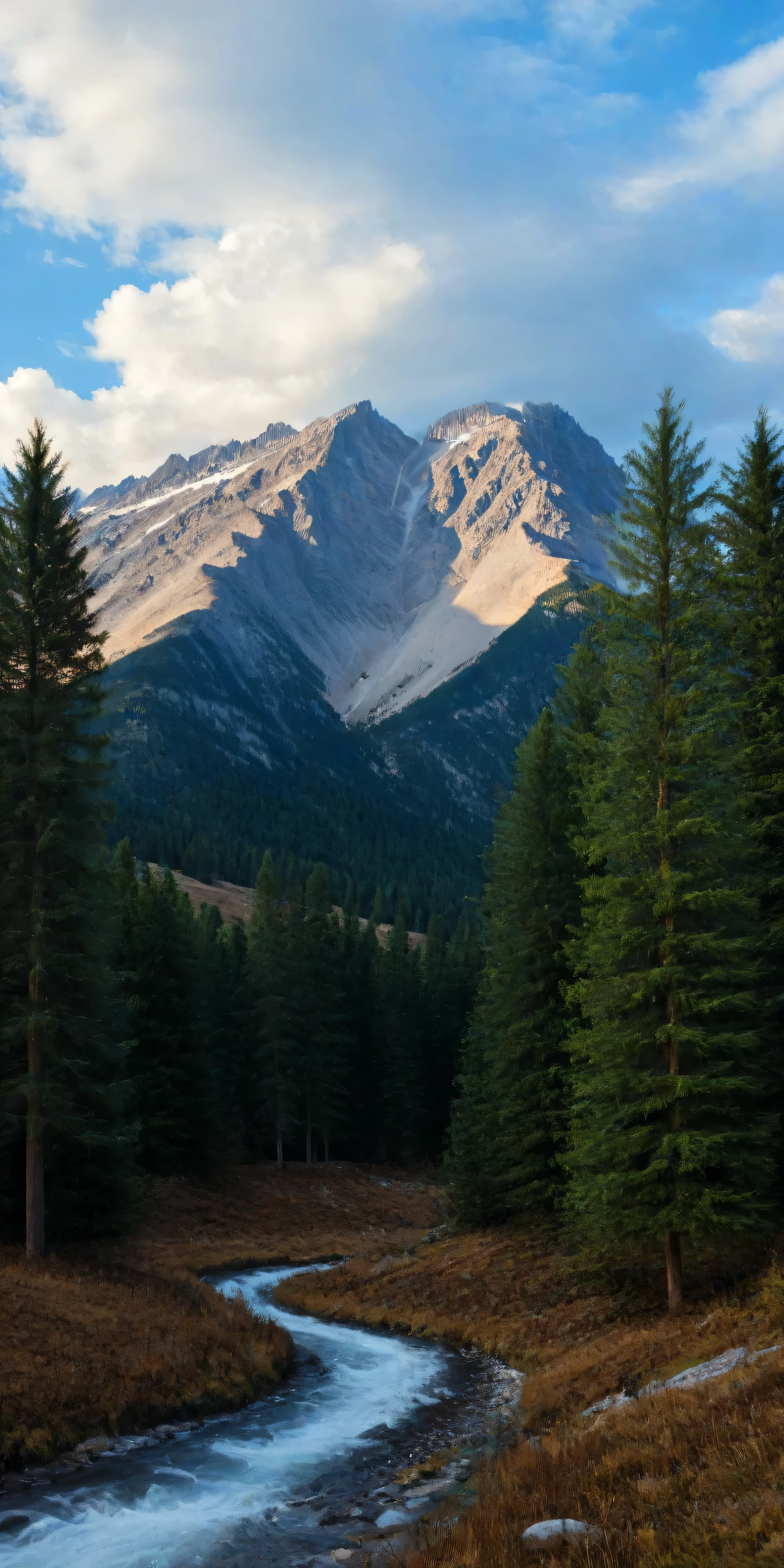 Landscape with mountains, stream, pine trees and clouds