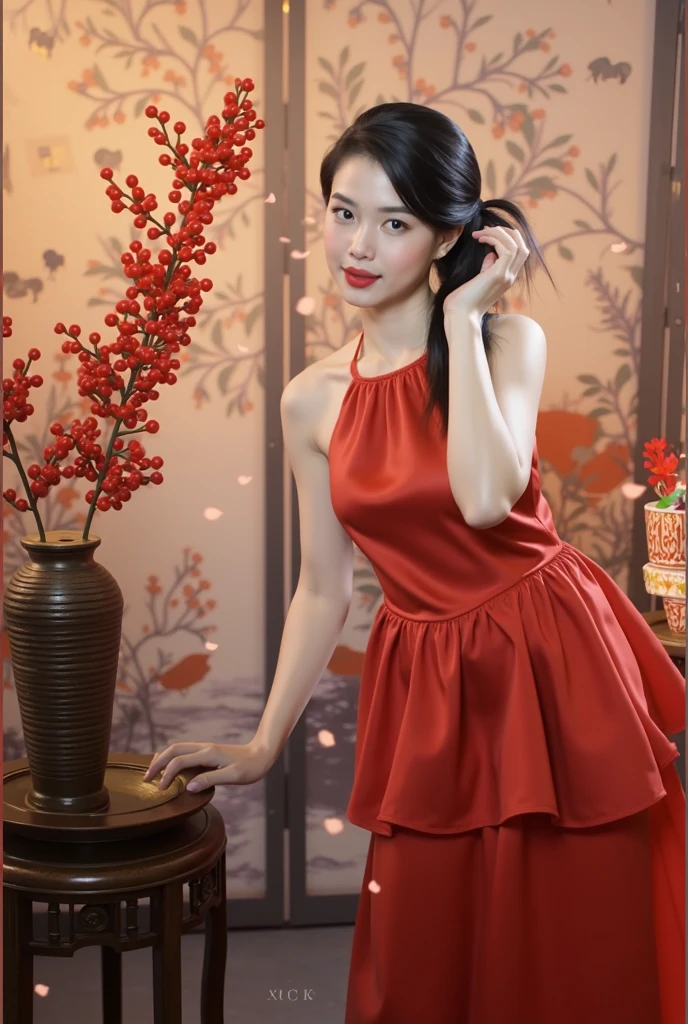 Beautiful Korean Women , smooth white skin, well-groomed face,Korean style updo with bangs,knee length dress, short balloon sleeve,,left and right sleeves with butterfly motif ribbons,the color of the clothes is bright red, white shoes, luxury watch, smiled faintly, posing standing under a red bougainvillea tree. in the city park,there are rabbits roaming around, ,next to the red tulips blooming with a beautiful bokeh background, Realistic original photo.