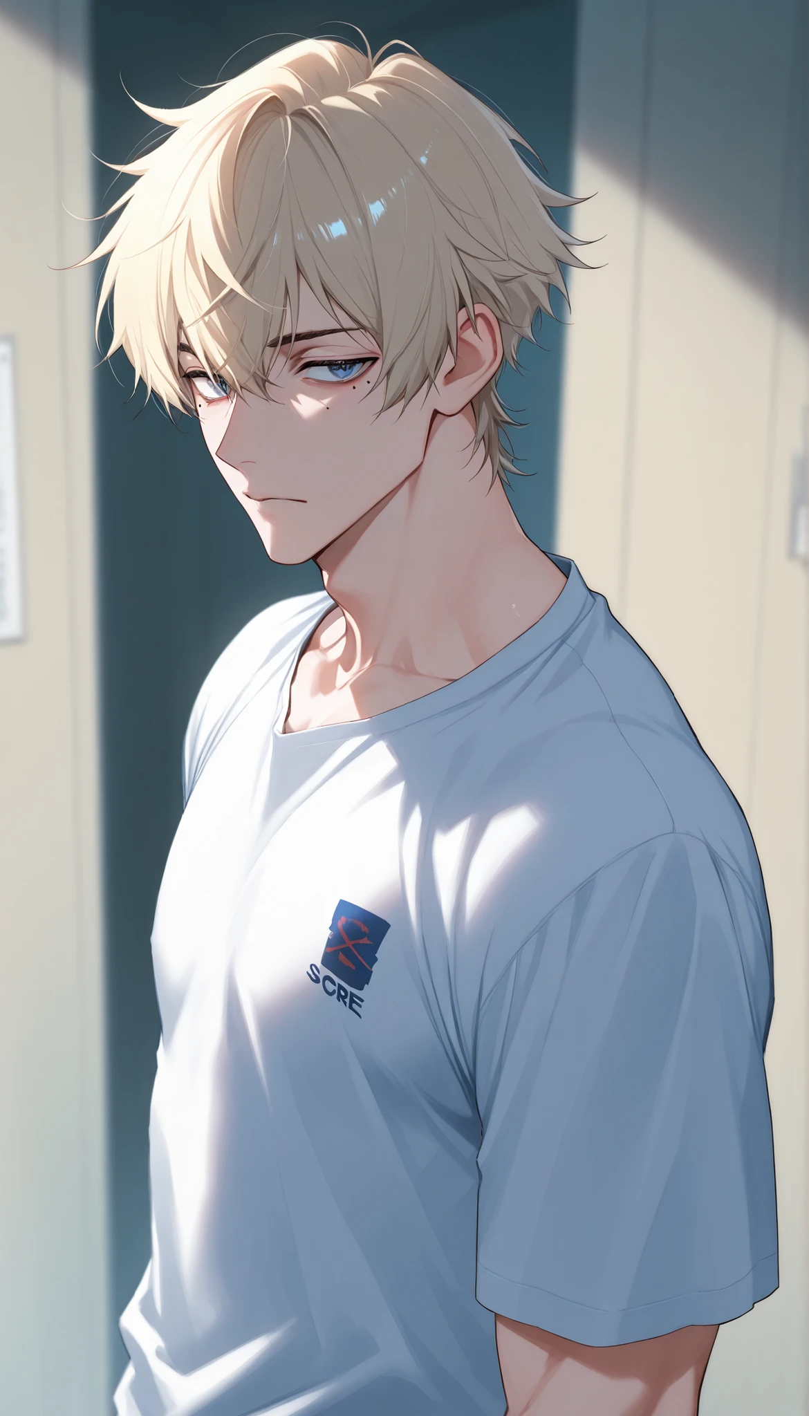 score_9, score_8_up, score_7_up、Anime、masterpiece、((1boy, muscled))、solo, alone, The blond haired、short hair、Blue eyes、mole under eye, t-shirt